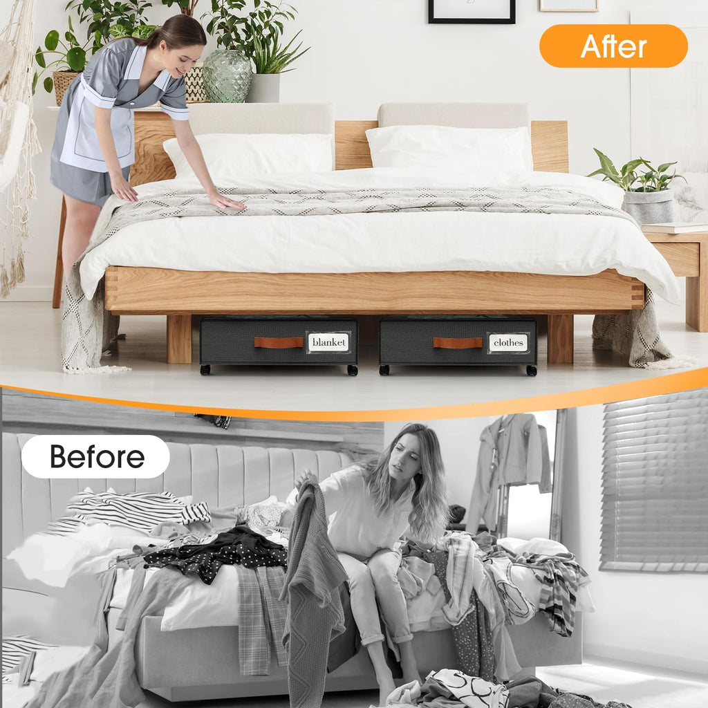 SpaceHacks Under Bed Storage with Wheels 1Pack Underbed Storage with Clear Window&Label Under Bed Drawers Large Capacity Rolling Under Bed Storage for Clothes,Shoes, Blankets (Beige)