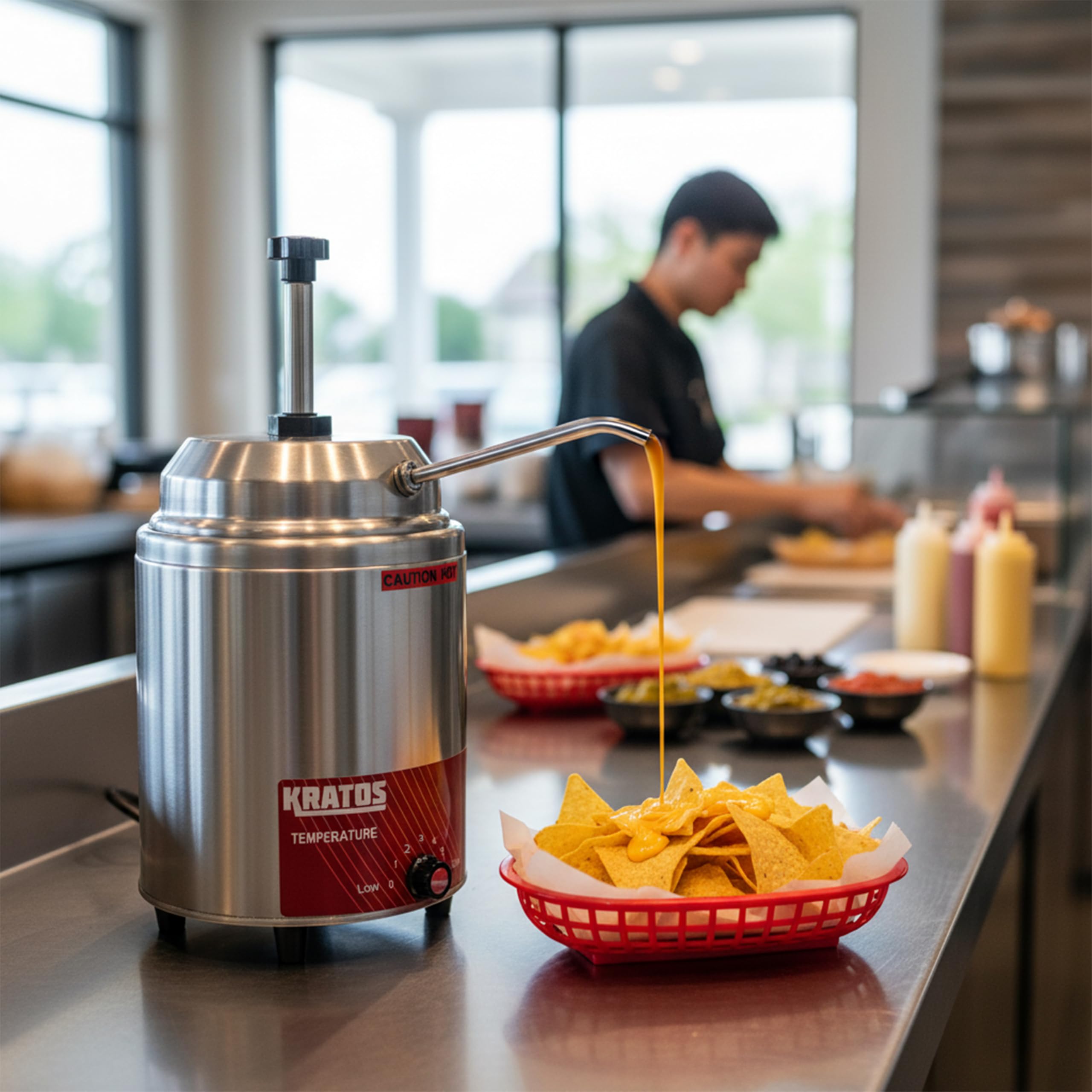 Kratos Commercial Hot Topping Dispenser with Heated Spout. 3.5 Quart Capacity - Accepts #10 Cans. Countertop Stainless Steel Warmer & Dispenser for Cheese, Hot Fudge, Caramel Sauce. 120V (29M-008)