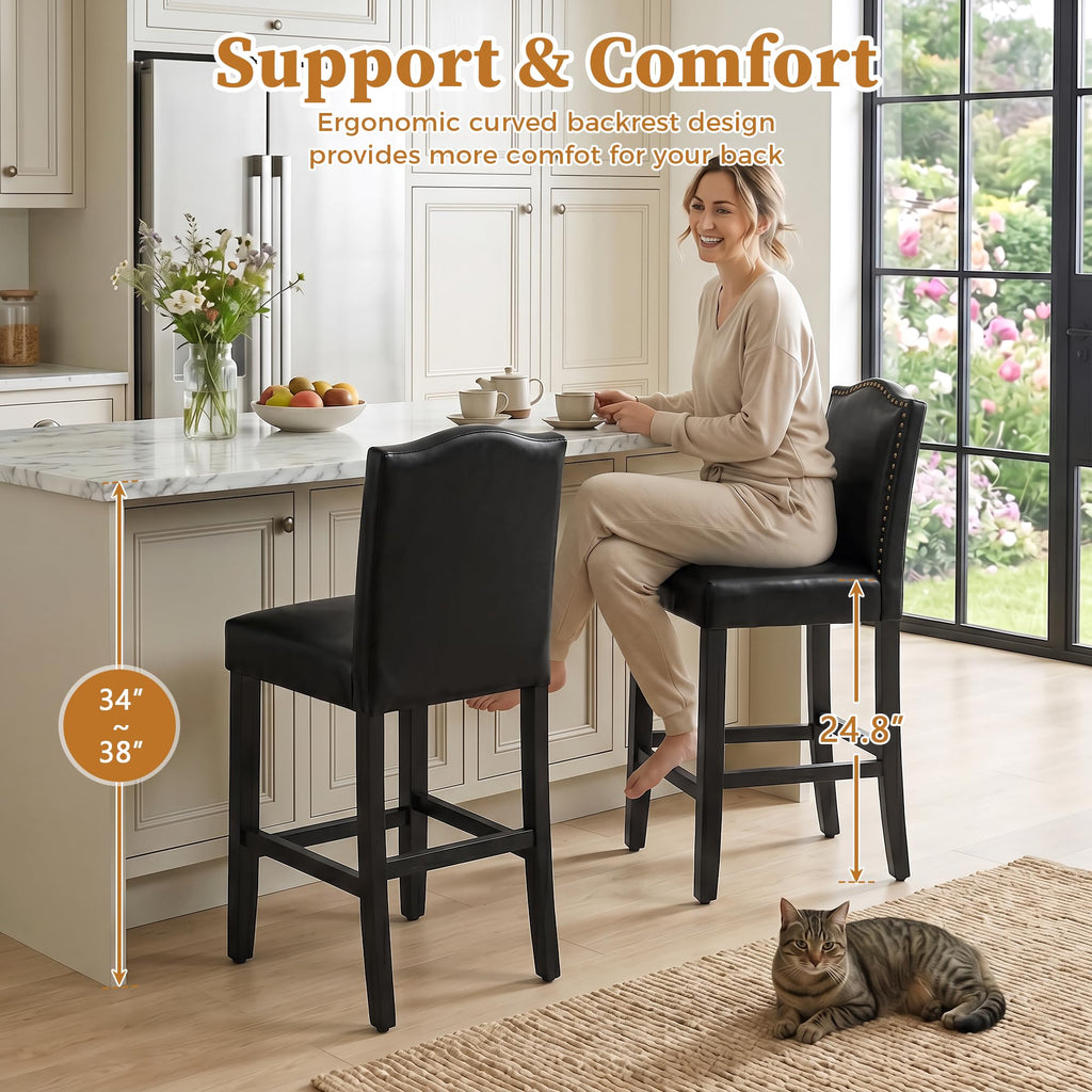 LSSPAID Counter Height Bar Stools Set of 2, 24.8 Inch Modern Upholstered Fabric Barstools, Kitchen Island Chairs with Bronze Nail Backrest and Solid Wood Legs for Kitchen Pub Home Cafe, Beige