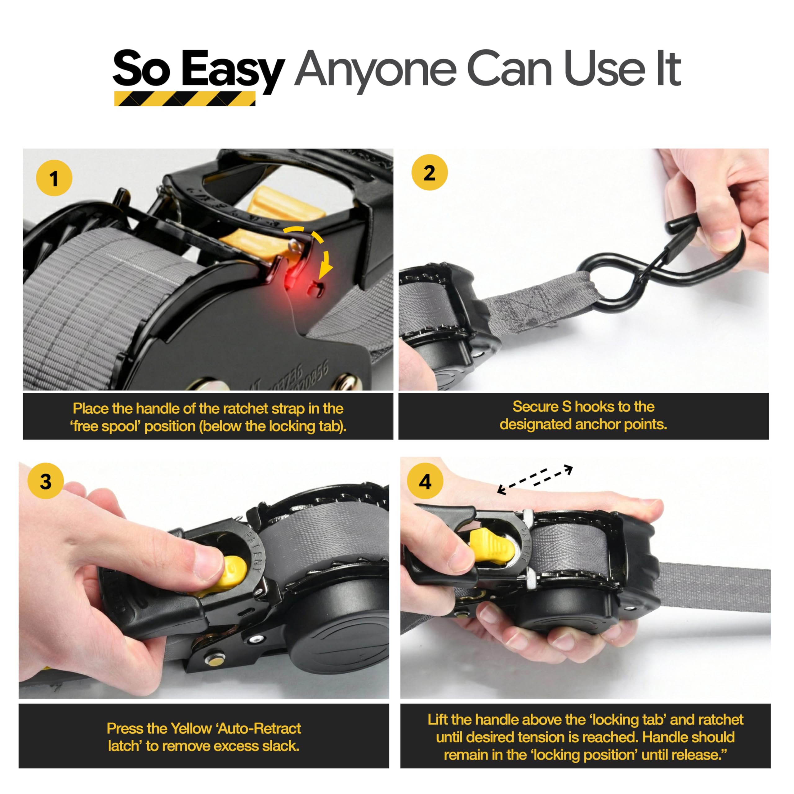 AUGO Retractable Ratchet Straps | 2 Heavy Duty Ratchet Straps Self Retractable Tie Downs with Soft Loops & Storage Bag for Motorcycle, Truck, Trailer, Cargo Van | 1200 Lb Break Strength 1” x 10’