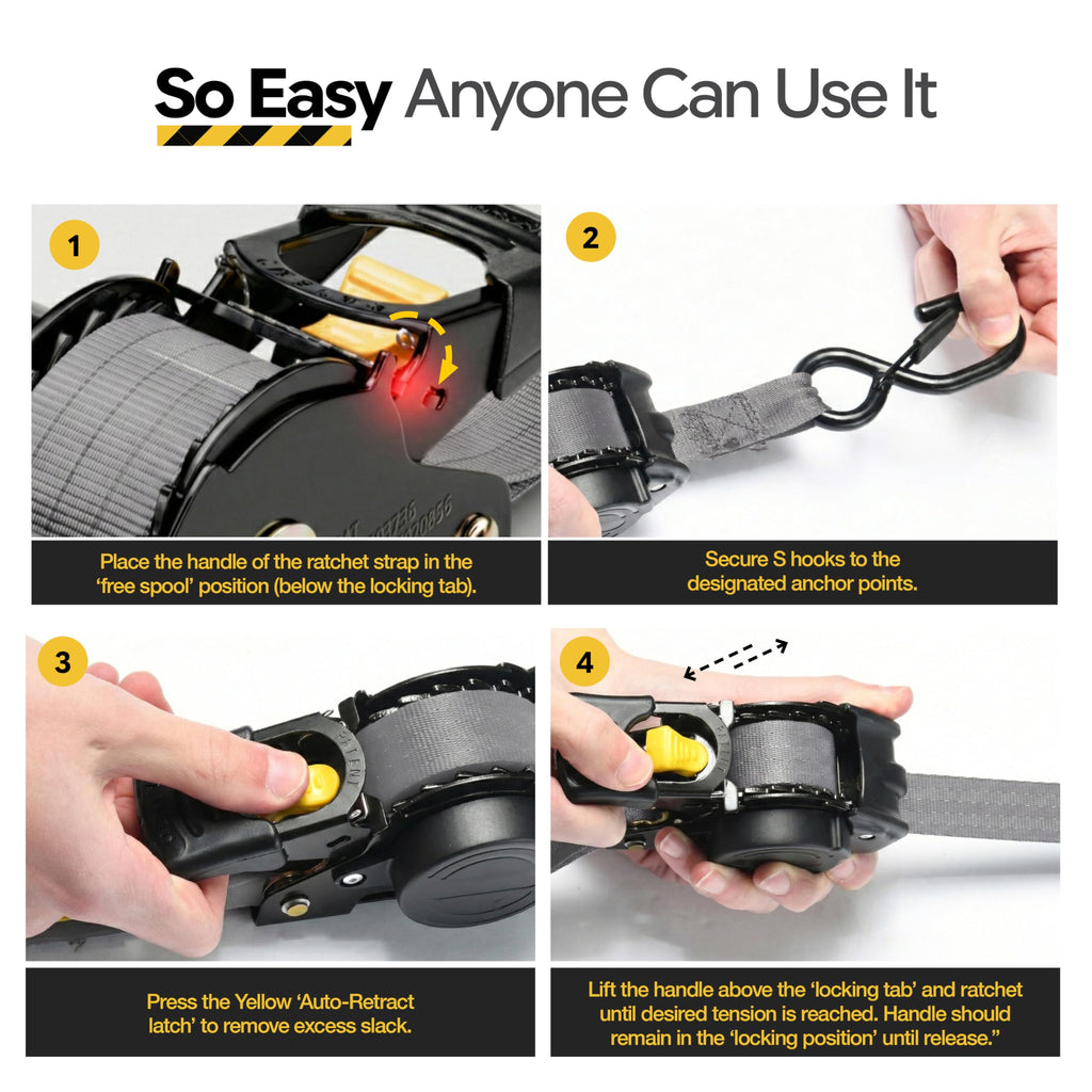 AUGO Retractable Ratchet Straps | 2 Heavy Duty Ratchet Straps Self Retractable Tie Downs with Soft Loops & Storage Bag for Motorcycle, Truck, Trailer, Cargo Van | 1200 Lb Break Strength 1” x 10’