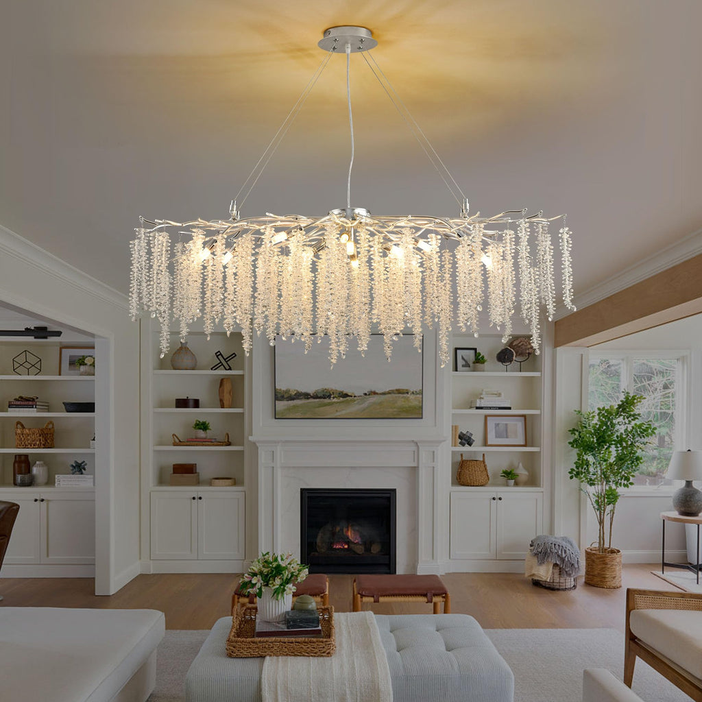 Modern Crystal Raindrop Chandelier, L40'' Black Linear Rectangle Art Deco Tree Branch Lighting Fixture for Kitchen Island Living Room Foyer Staircase 10 Lights