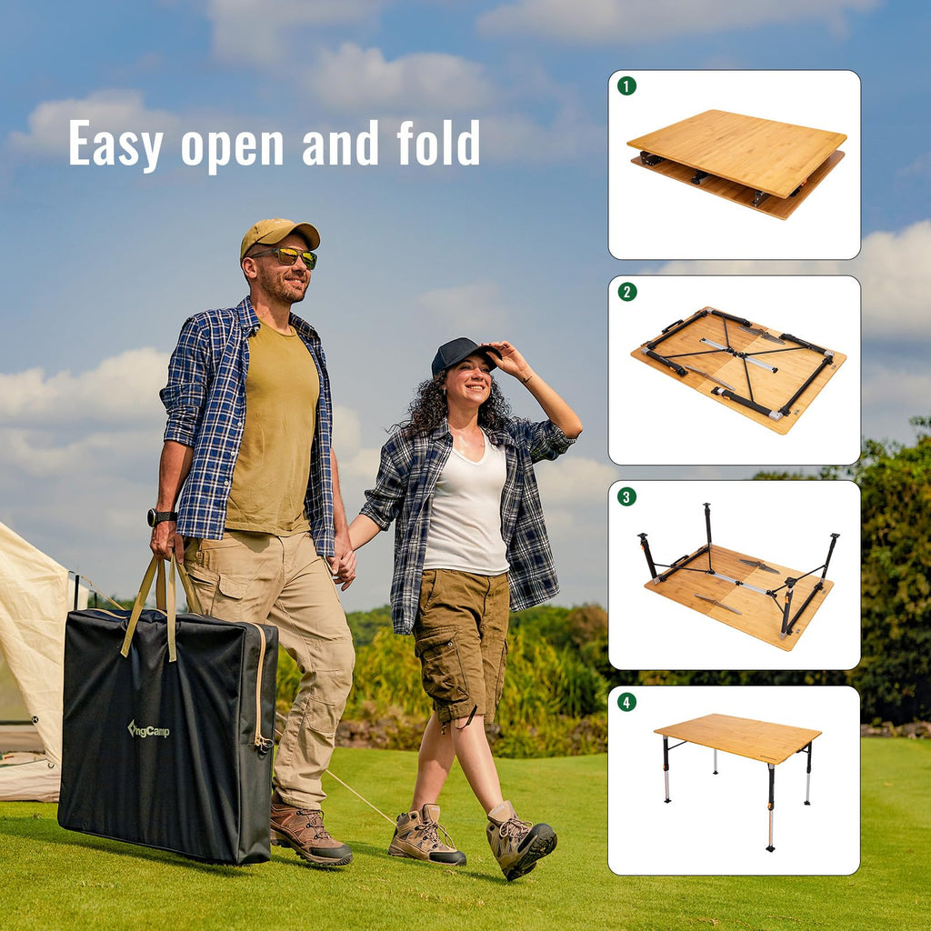 KingCamp Bamboo Folding Table, 4-Fold Camping Adjustable Height Portable Outdoor Lightweight & Compact Table with Aluminum Frame for RV Picnic BBQ Tailgating