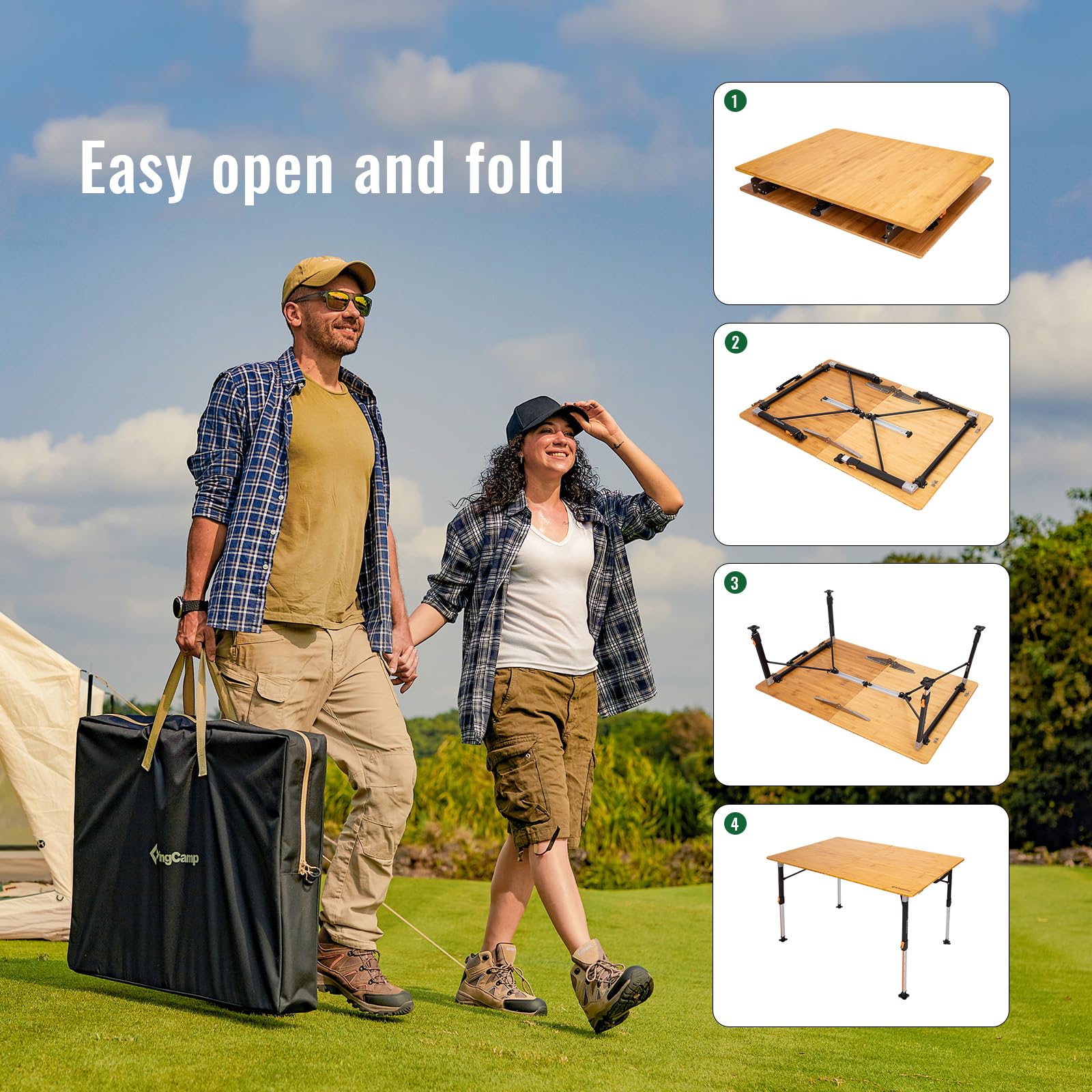 KingCamp Bamboo Folding Table, 4-Fold Camping Adjustable Height Portable Outdoor Lightweight & Compact Table with Aluminum Frame for RV Picnic BBQ Tailgating