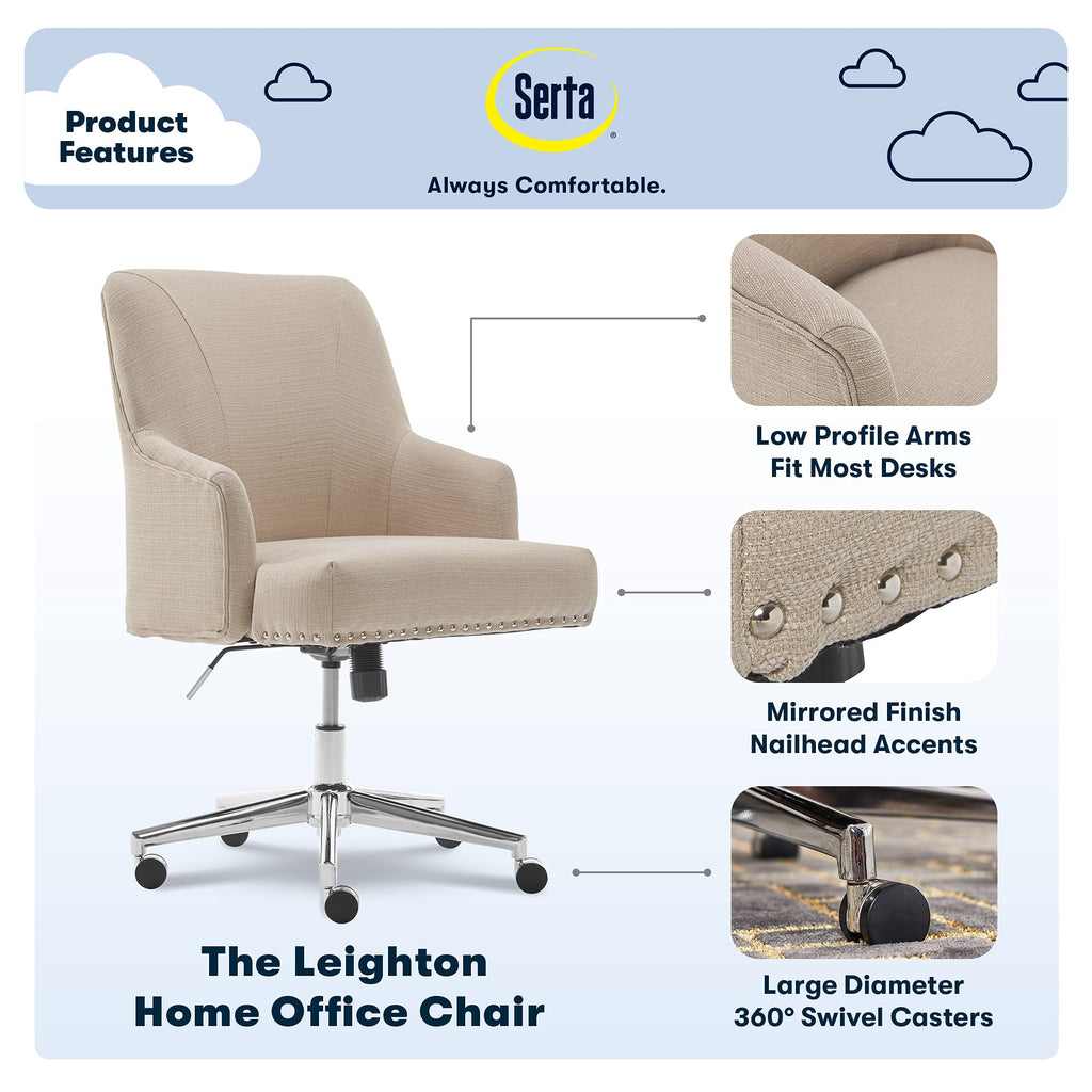 Serta Scarlett Modern Office Chair, Pleated and Curved Mid-Back Desk Chair, Pocket Coil Seat Cushion, Padded Armrests, Vanity Armchair with Wheels, Swivel Gold Base, Beige Velvet Fabric
