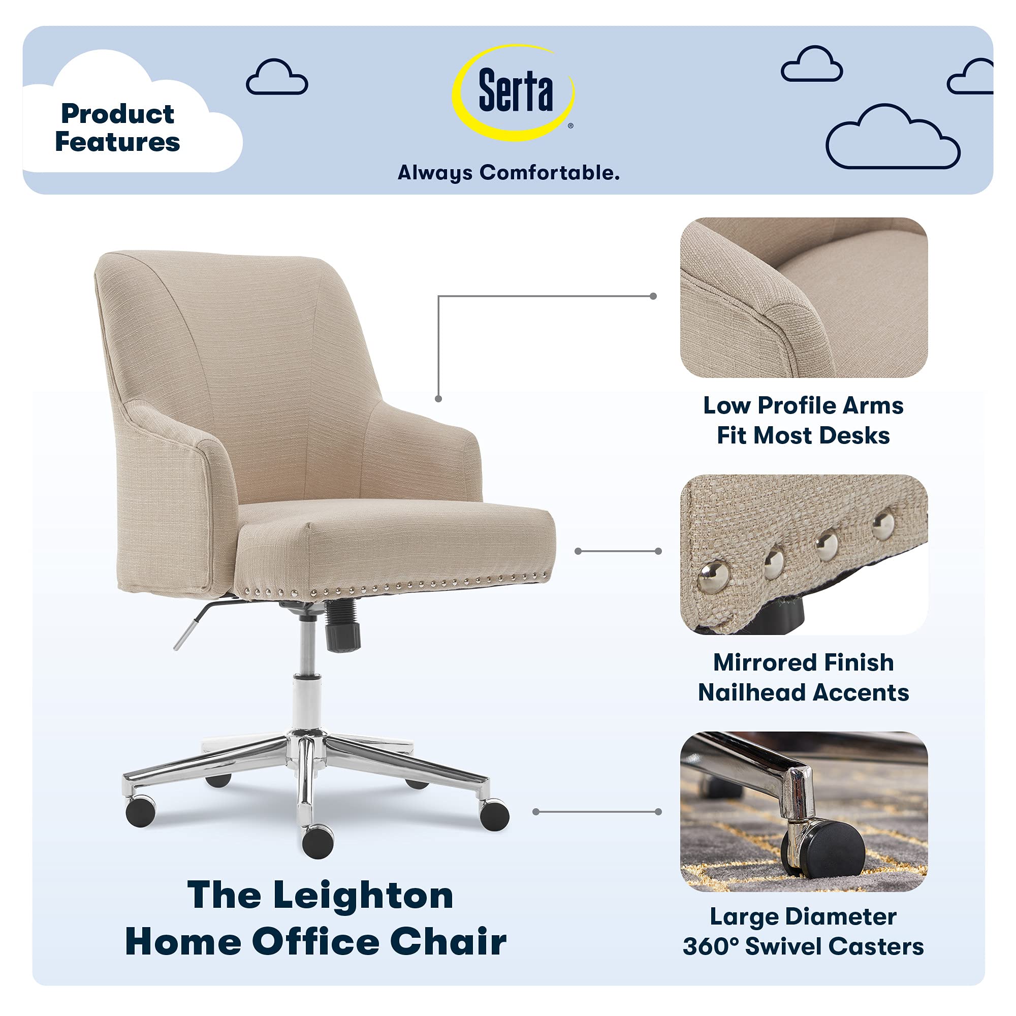 Serta Scarlett Modern Office Chair, Pleated and Curved Mid-Back Desk Chair, Pocket Coil Seat Cushion, Padded Armrests, Vanity Armchair with Wheels, Swivel Gold Base, Beige Velvet Fabric