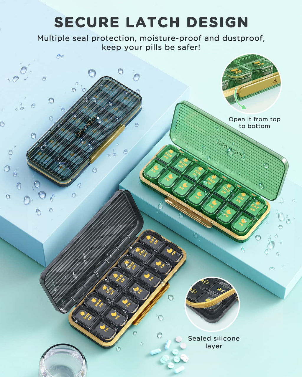Pill Organizer 2 Times A Day, 7 Day Am Pm Pill Box - Acedada Weekly Pill Organizer Twice A Day, Portable Removable Daily Medicine Container Dispenser Case for Vitamin Fish Oil Supplement, Black Grey