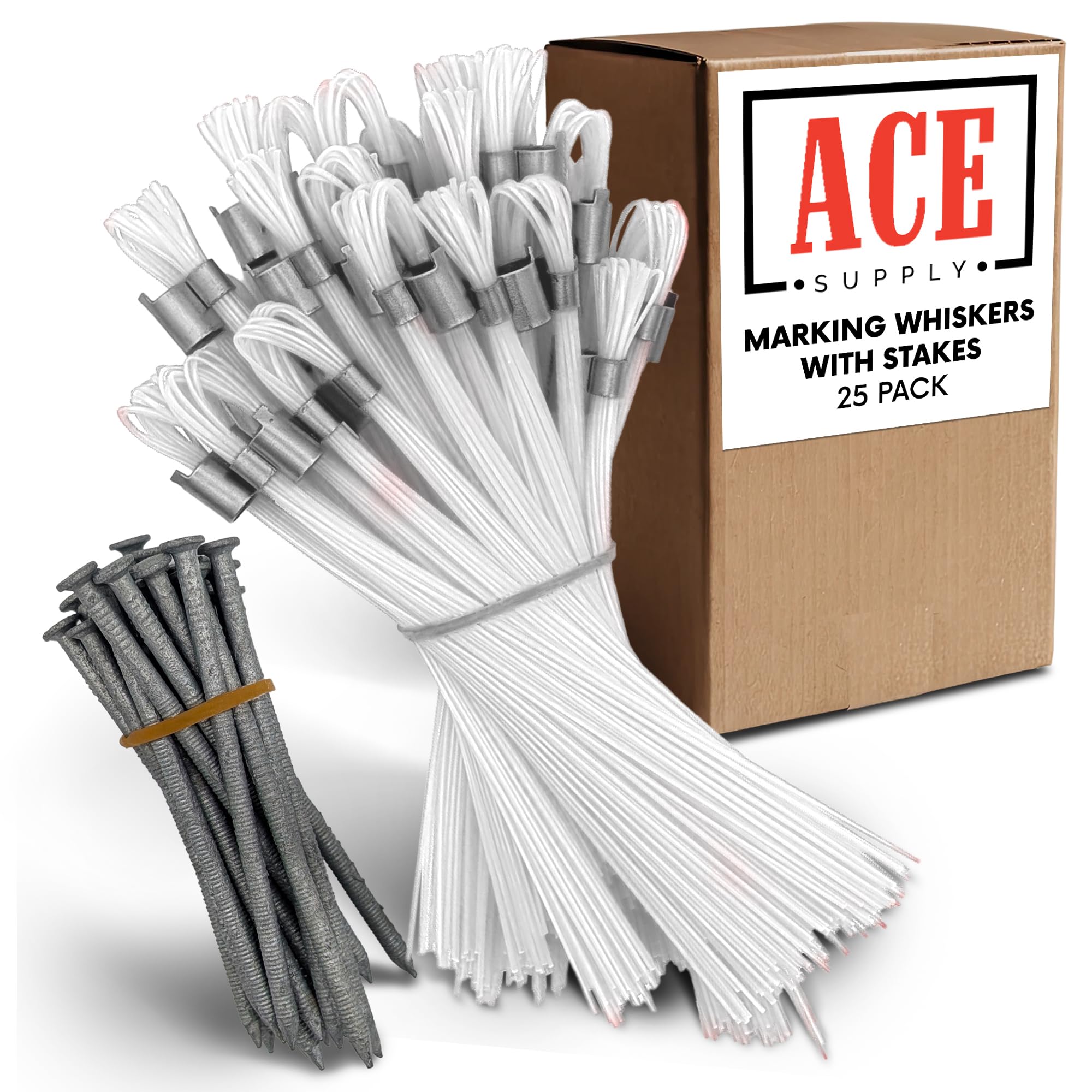 Blue Marking Whiskers With Stakes - 25 Pack - Durable Marking Whisker Set - Use Survey Whiskers As Ground Markers, Construction Markers, Or Trail Markers