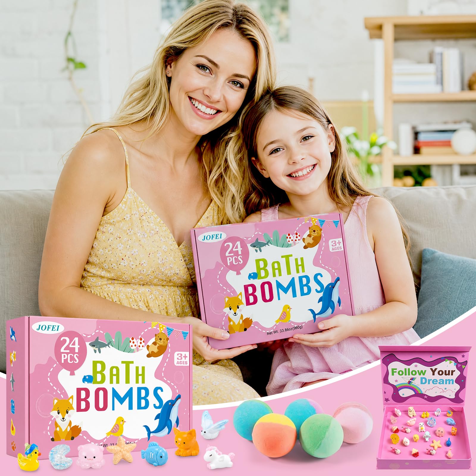 Bath Bombs for Kids with Surprise Inside, 24 Pack Kids Bath Bombs with Toys Inside Gift Set, Kid Bubble Bath Fizzy for Girls Boys with Bath Toys (Classic Edition)
