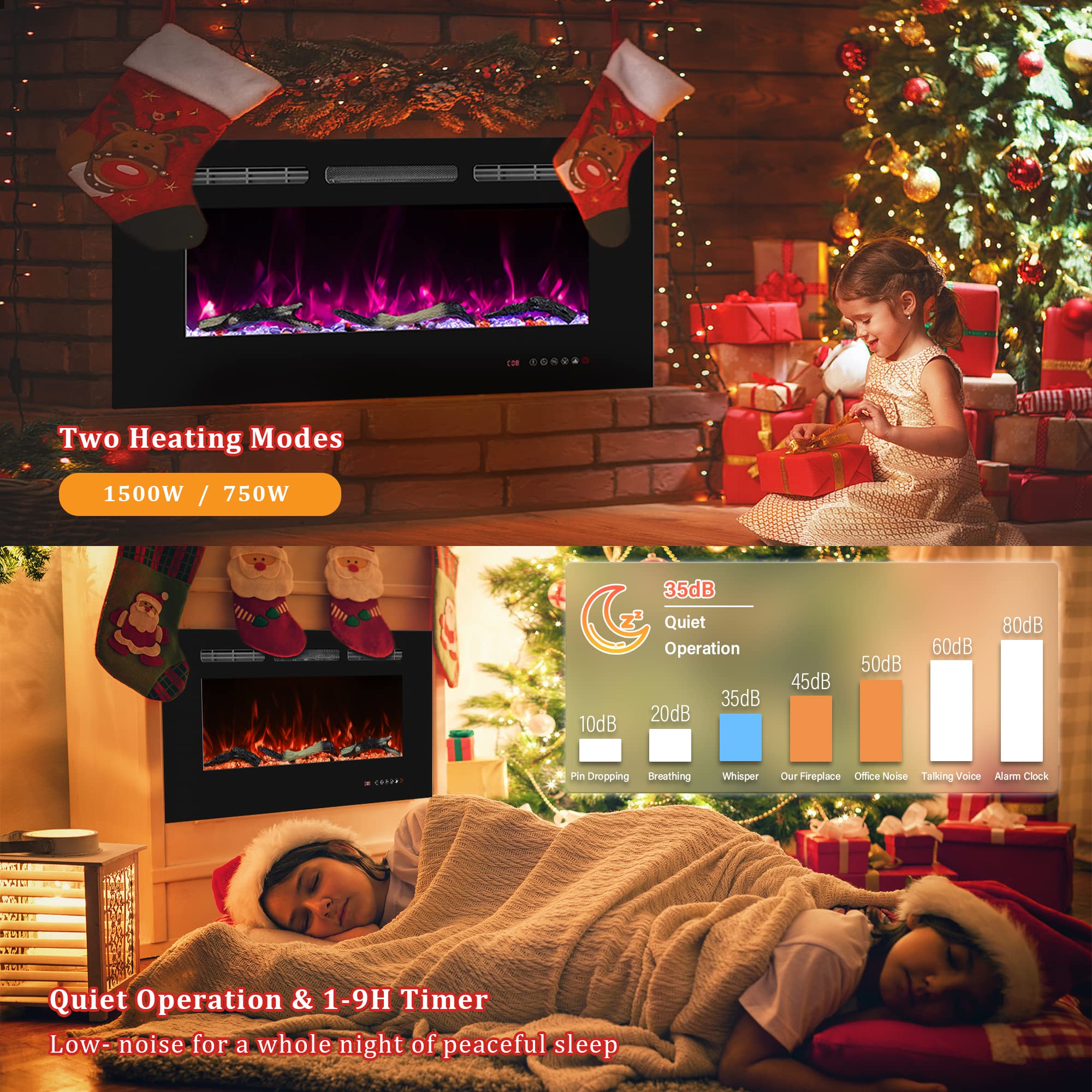 Electric Fireplace 30 inch Wide, Wall Mounted Fireplace Inserts Electric Heater, 13 * 13 Flame Effects Like Real Flame, Low Noise, Timer & Thermostat Setting, 750W/1500W, Black