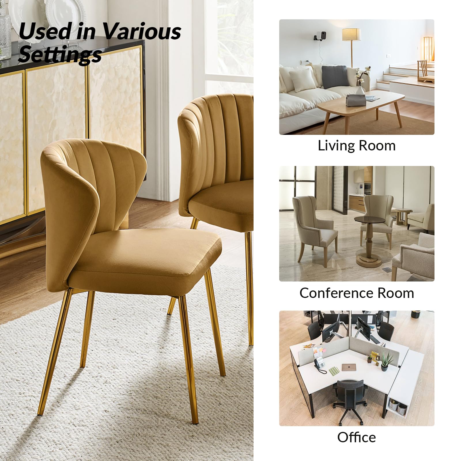 HULALA HOME Velvet Dining Chairs, Modern Small Armless Accent Chair with Gold Metal Legs, Living Room Upholstered Cute Side Chair, Elegant Tufted Back Vanity Chair for Bedroom, Auburn