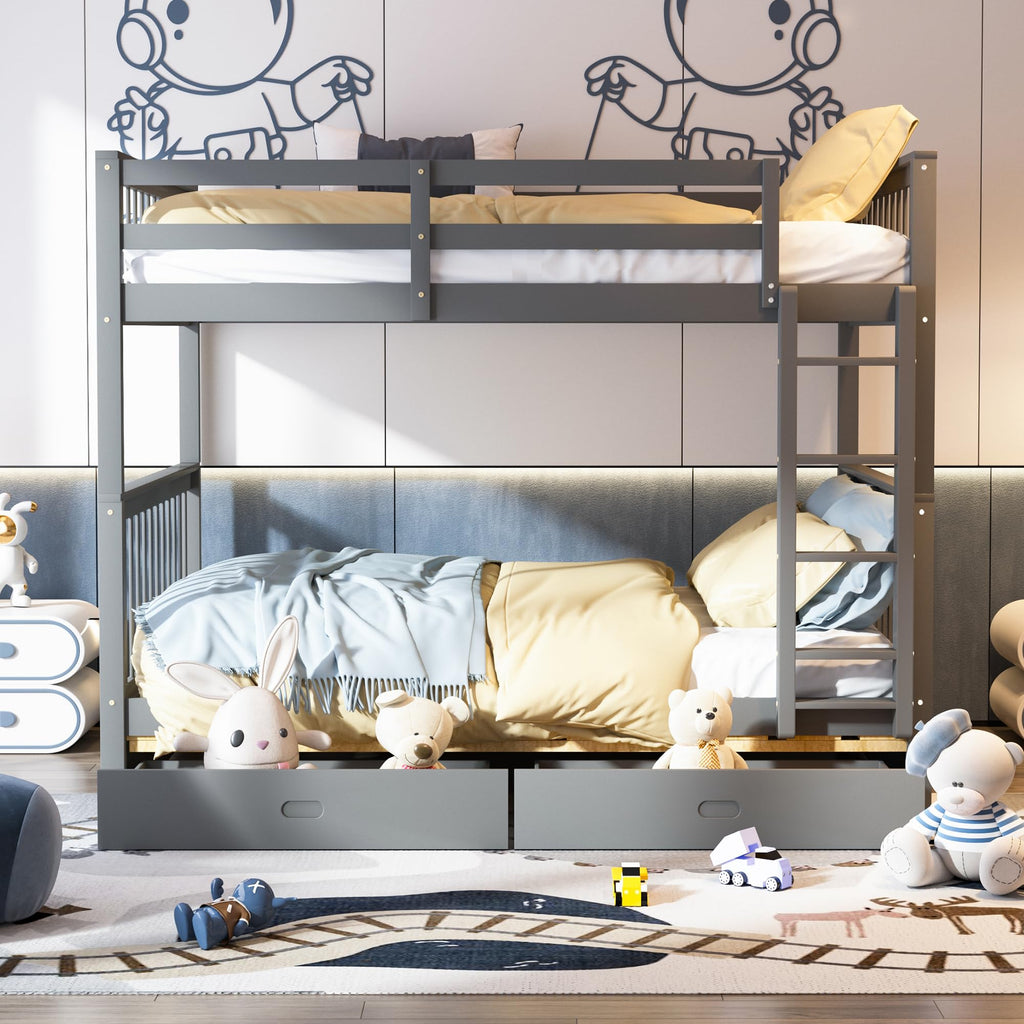 Merax Wood Bunk Bed with Two Drawers,Convertible Wood Bunk Bed with Ladders and Two Storage Drawers,Solid Wood Detachable Bed Frame with Ladders, Twin Over Full Size, Espresso