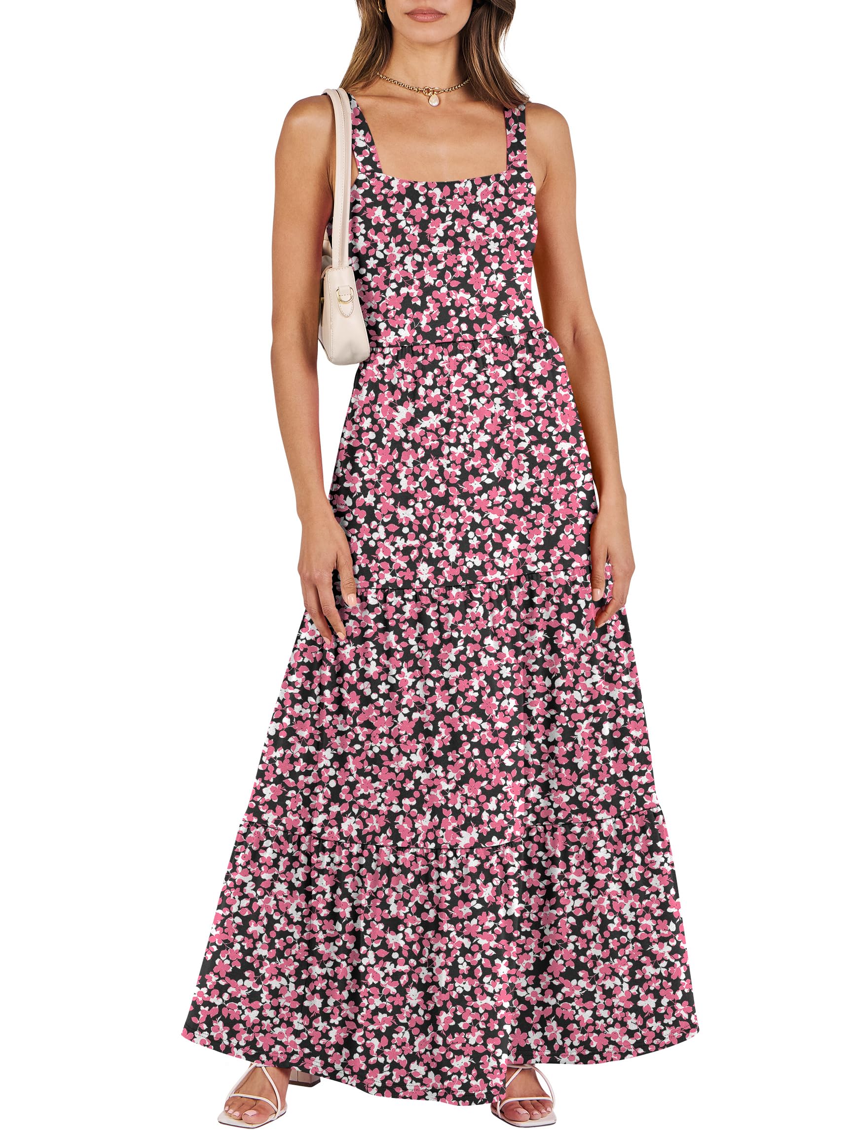 ANRABESS Women's Summer Casual Long Maxi Beach Vacation Dresses Sleeveless Square Neck Flowy Tiered Sun Dress with Pockets