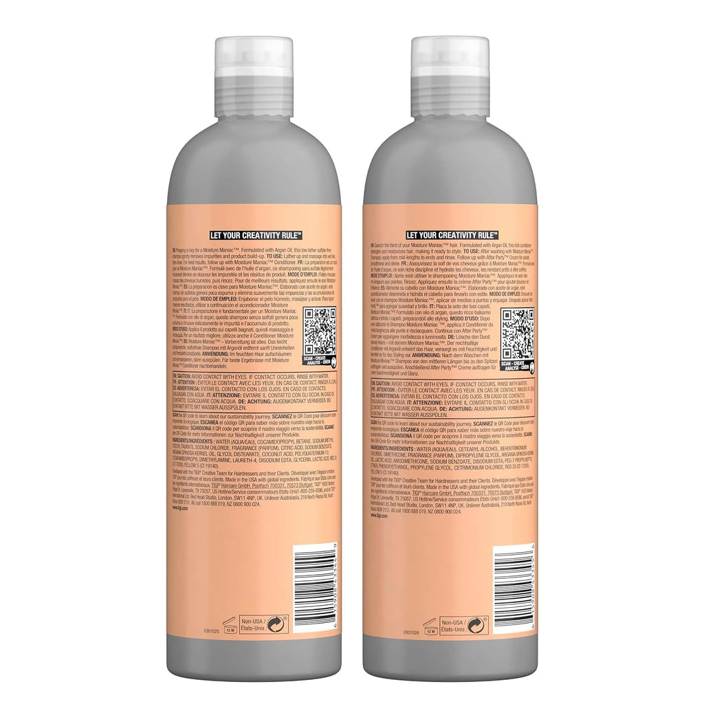 TIGI Bed Head Sulfate Free Shampoo and Conditioner Set for Dry Hair, Moisture Maniac Hair Care with Argan Oil, 25.36 fl oz, 2 Pack