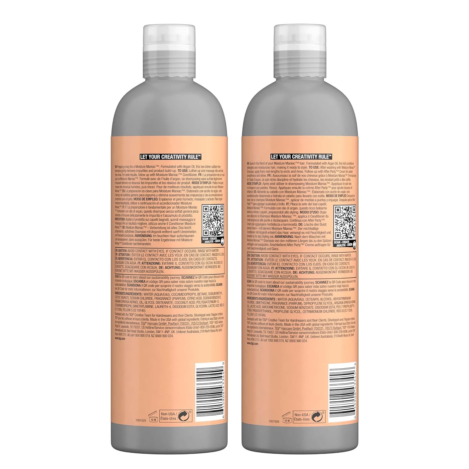 TIGI Bed Head Sulfate Free Shampoo and Conditioner Set for Dry Hair, Moisture Maniac Hair Care with Argan Oil, 25.36 fl oz, 2 Pack