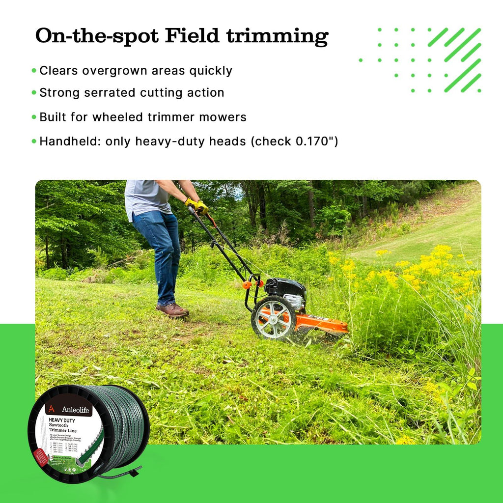 A Anleolife 1-Pound Heavy Duty Sawtooth 140-mil-by-108-ft Dual Core String Serrated Trimmer Line Donut for Walk Behind Wheeled Mowers with Built-in Line Cutter