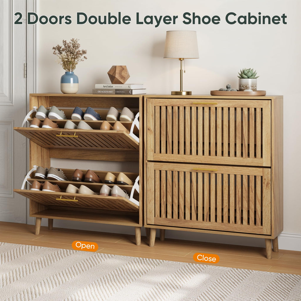 Smart FENDEE Shoe Cabinet with 2 Flip Slatted Drawers, Farmhouse Slim Shoe Organizer Rack with Golden Handles, Freestanding Hidden Entryway Storage for Hallway, Natural