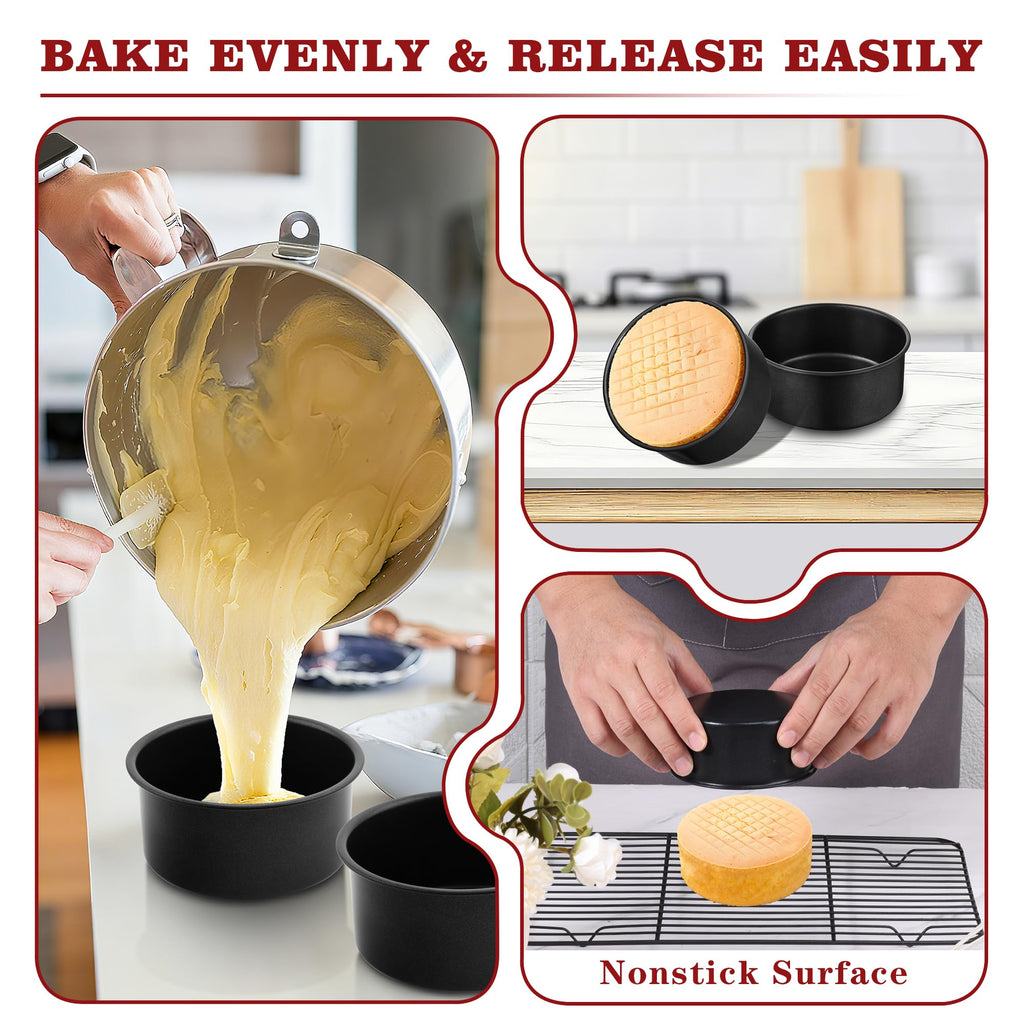 E-far 4 Inch Cake Pan Set of 3, Nonstick Stainless Steel Mini Round Cake Pans Tin, Small Size for Baking Smash Cakes/Cheesecake, Stainless Steel Core & Non-toxic Coating, Straight Side & 2 Inch Deep