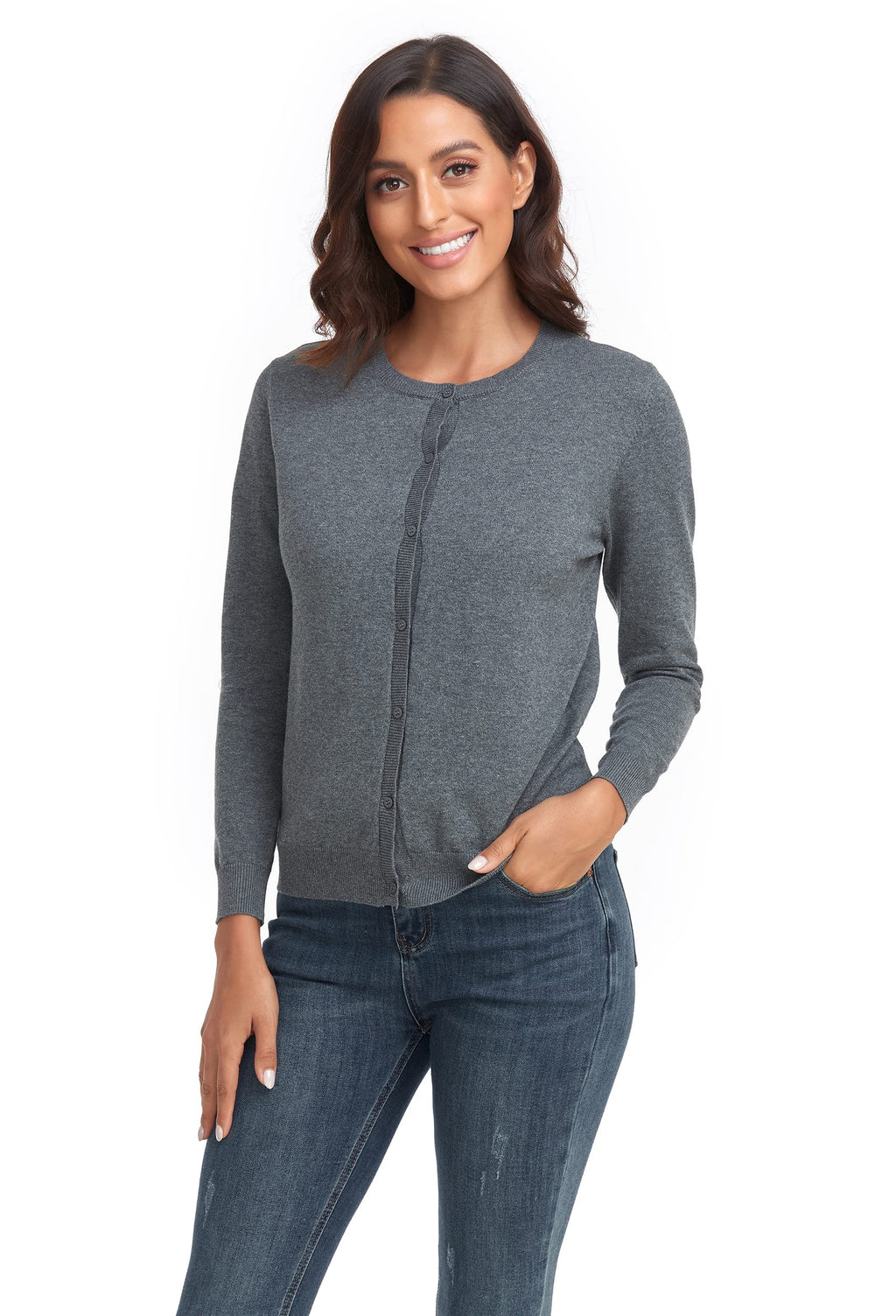 CUNYI Women's Crew Neck Cardigan Long Sleeve Sweater for Women Button Down Soft Knit Ladies Cardigan Sweates Coat