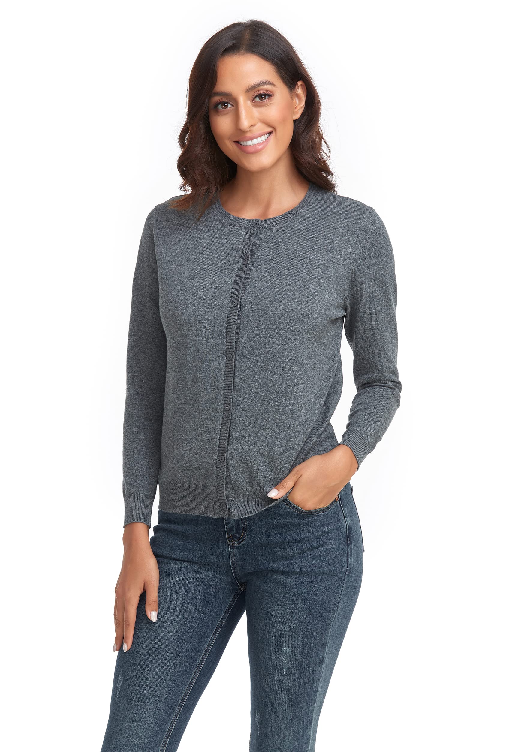 CUNYI Women's Crew Neck Cardigan Long Sleeve Sweater for Women Button Down Soft Knit Ladies Cardigan Sweates Coat