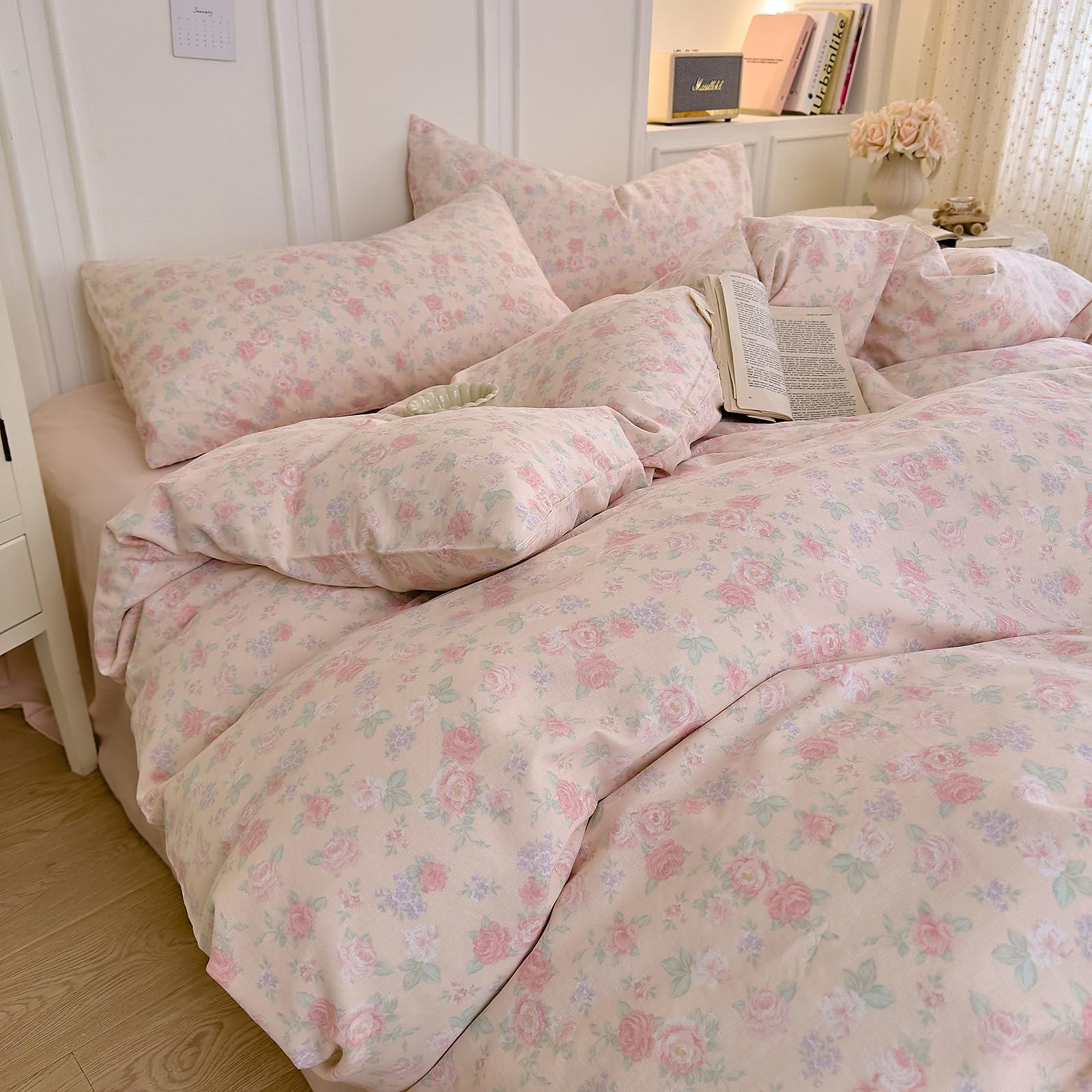 Pink Flower Duvet Cover Twin Chic Floral Print Ruffle Duvet Cover Cotton Lace Comforter Cover Country Style Floral Bedding Set Romantic Ruffle Comforter Cover Flower Bedding Cover with 2 Pillowcases