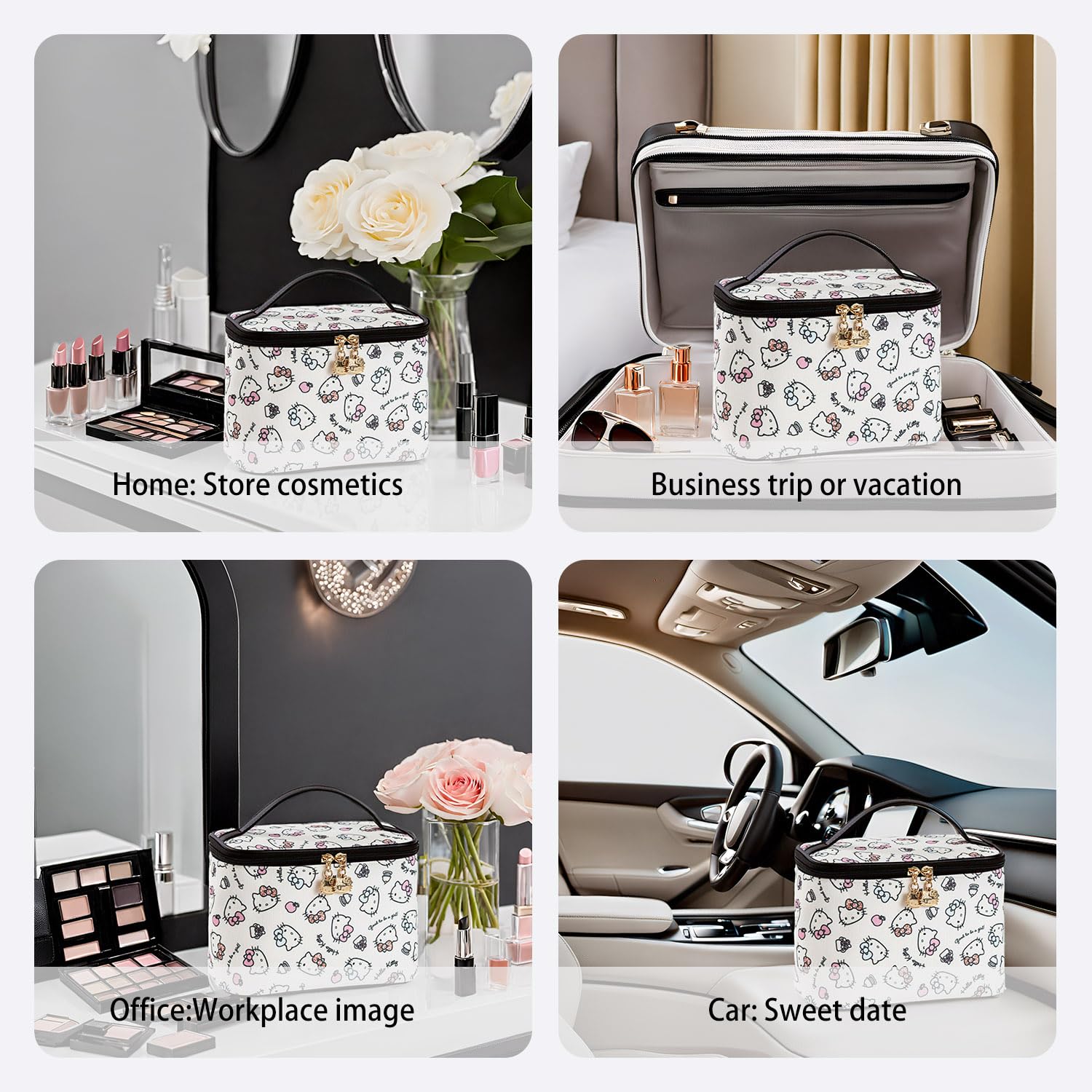AmBealla Makeup Bag Large Waterproof Cosmetic Bags with Makeup Brush Holder,Cute Printed Makeup Organizer for Women Traveling,Portable Toiletry Bag for Girls