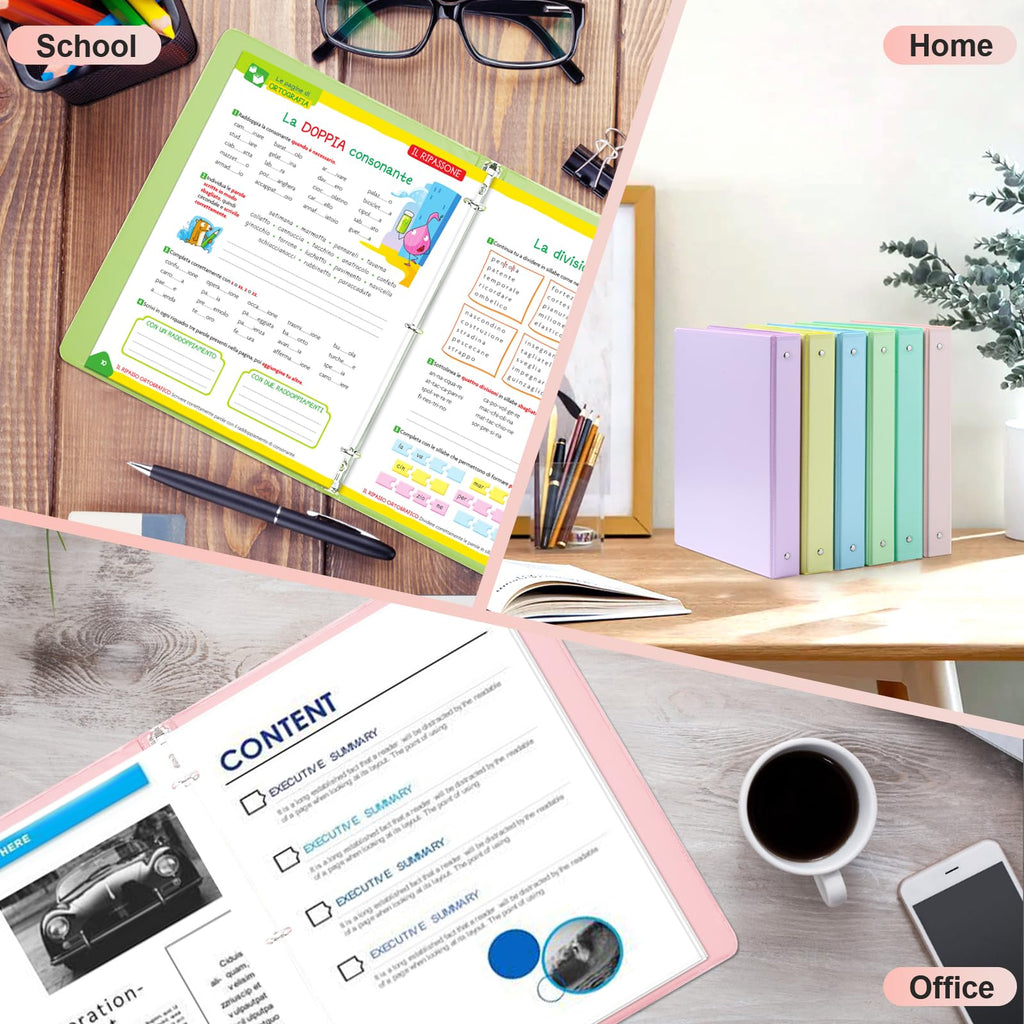 0.5 inch 3-Ring Binder, 1/2 inch Round Ring Binder with 2 Inside Pockets, Clear View Cover Binders Holds 8.5'' x 11''Paper，PVC Free, Pastel Color Binders for Office/Home/School Supply, 6 Pack