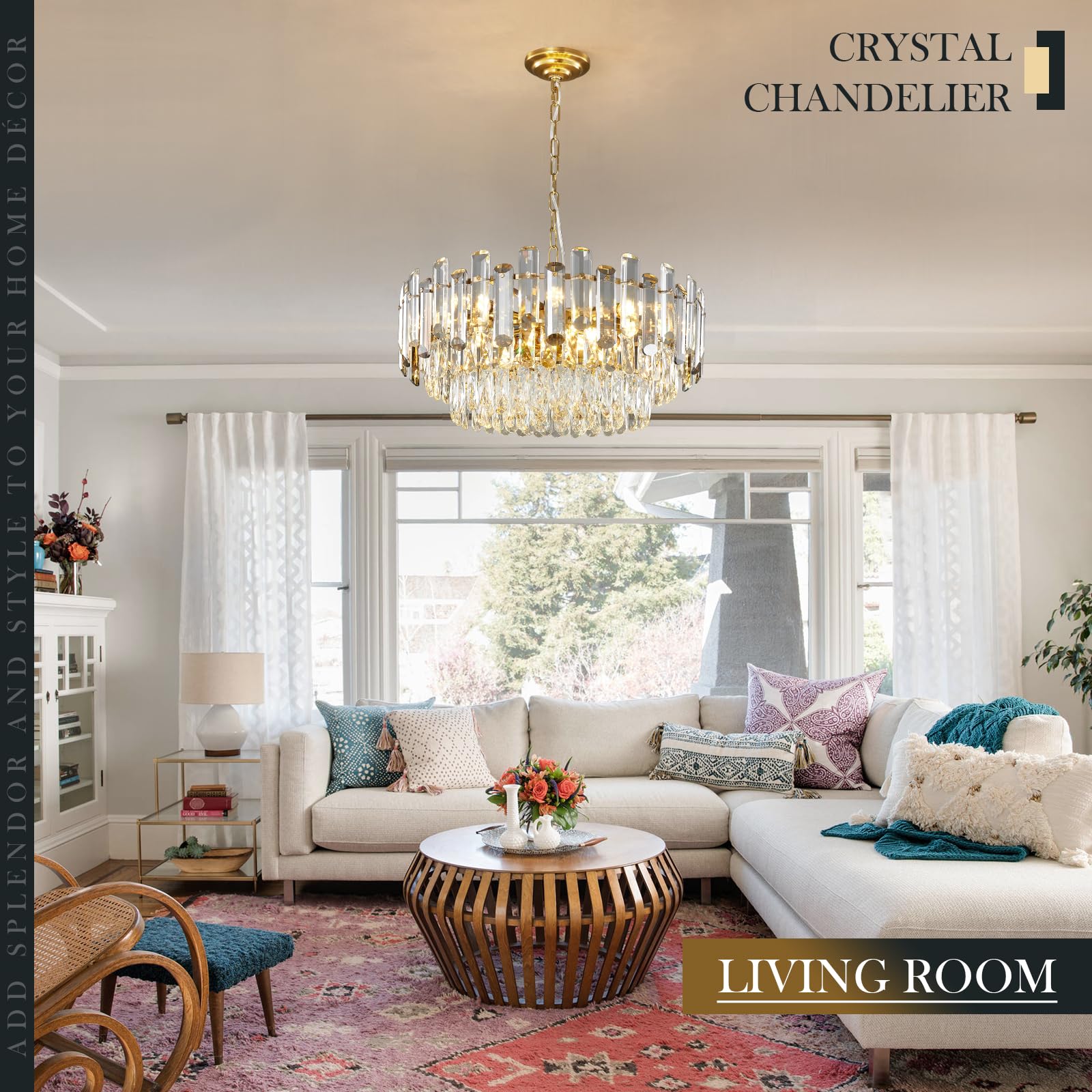 23.6" Modern Crystal Chandelier with Grey Crystal Gold 3-Tier Luxury Pendant Light 12-Light Ceiling Pendant Lighting for Dinning Room Living Room Foyer