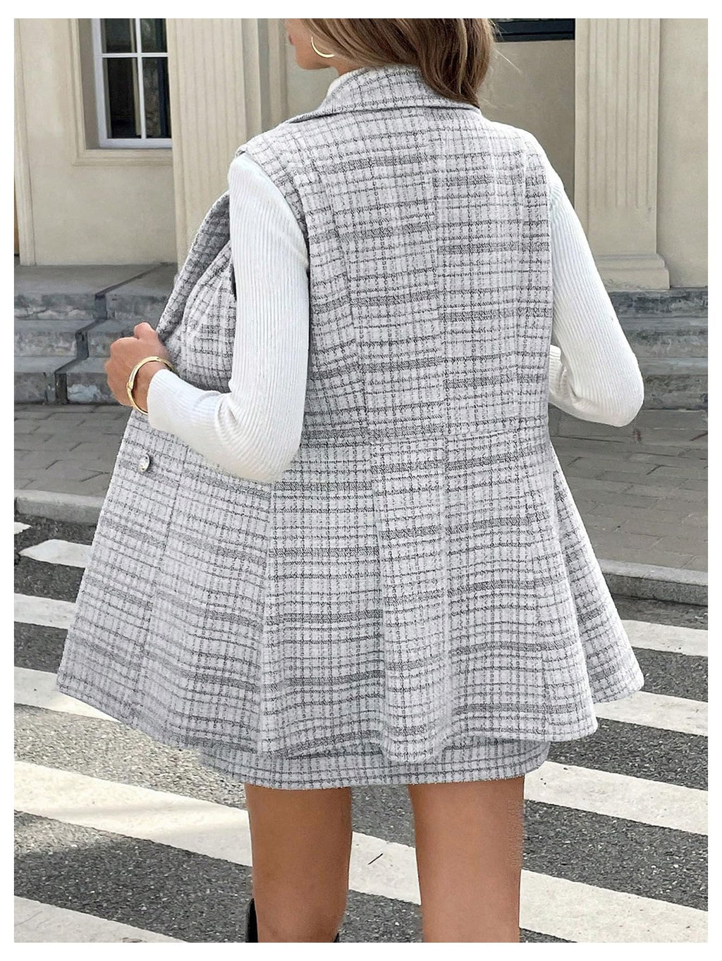 Floerns Women's 2 Piece Outfit Workwear Plaid Print Lapel Neck Vest Blazer and Skirt Set