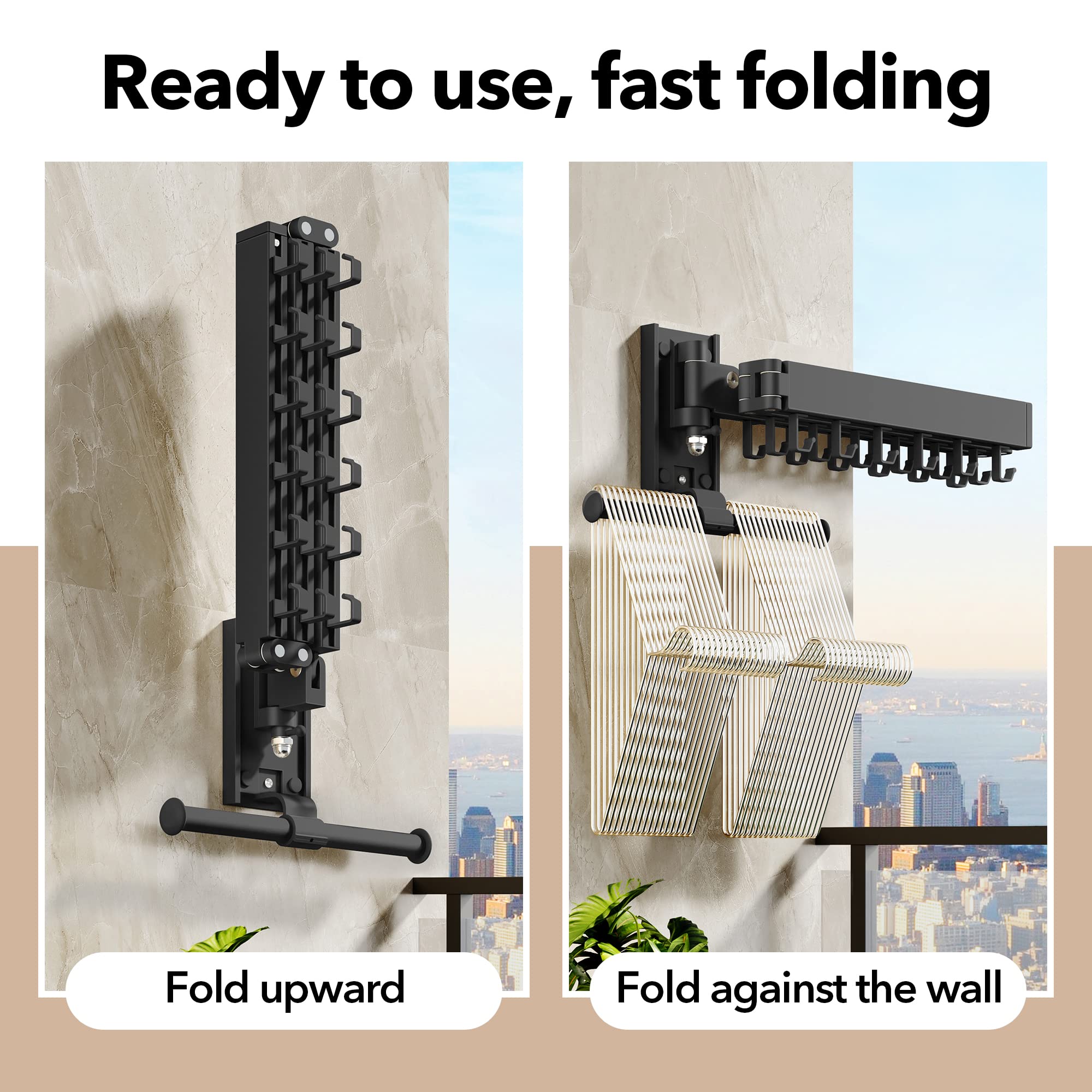 HEILAIYI Clothes Drying Rack for Laundry,Wall Mounted Clothes Hanger Rack,Folding,Retractable,Collapsible(J Shape Hooks)