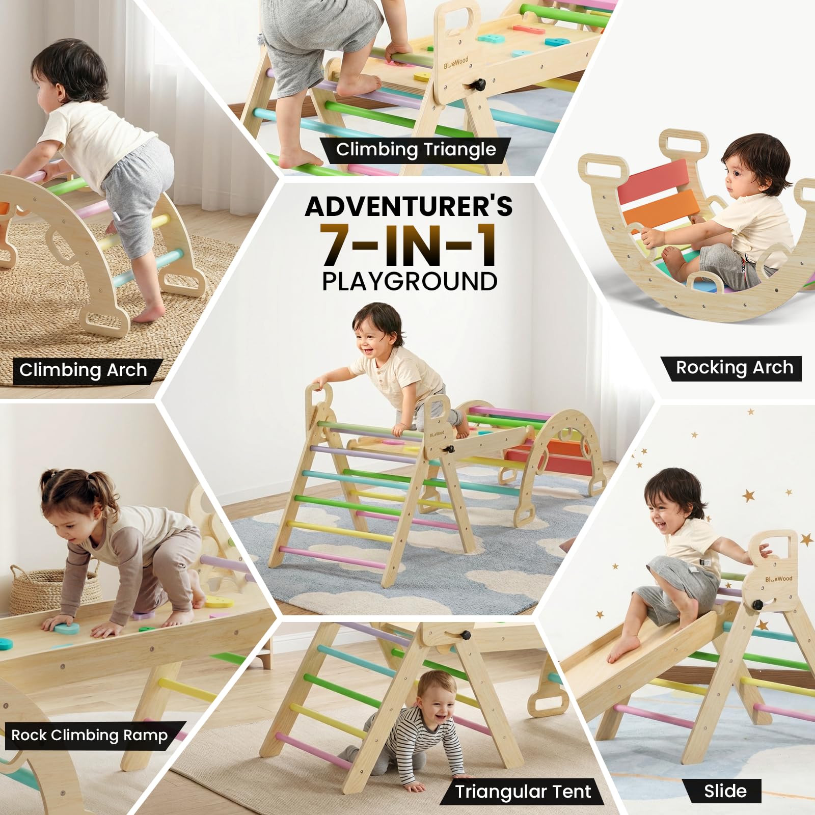 BlueWood Pikler Triangle Set with Safe Handle, Foldable 7-in-1 Montessori Toddler Climbing Toys Indoor, Wooden Pickler Climbing Set, Baby Jungle Gym & Playground, Climbing Toys for 1-3 Year, Colorful