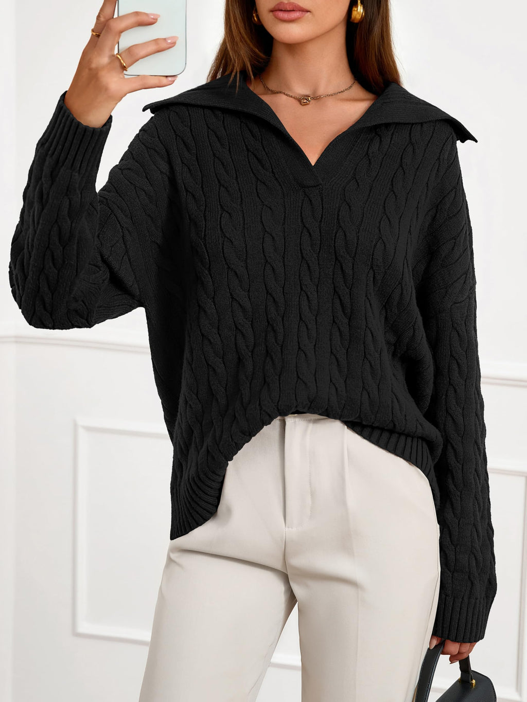 PRETTYGARDEN Spring Cable Knit Oversized Sweaters for Women 2026 Polo V Neck Long Sleeve Casual Chunky Sweater Pullover Tops