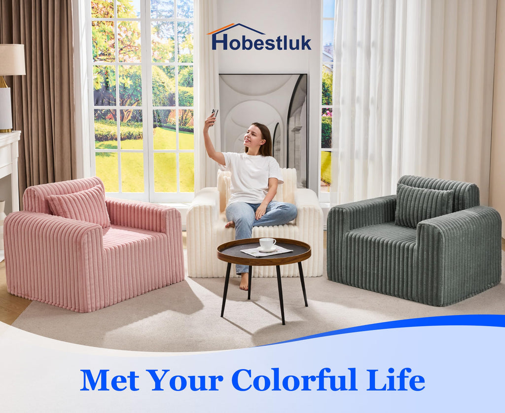 Hobestluk Single Sofa Foam Couch Sofa for Small Spaces Comfy Sofas with Removable Cover Furry Couch with Pillows for Living Room, Bedroom, Apartment, Office (Black, Standard)