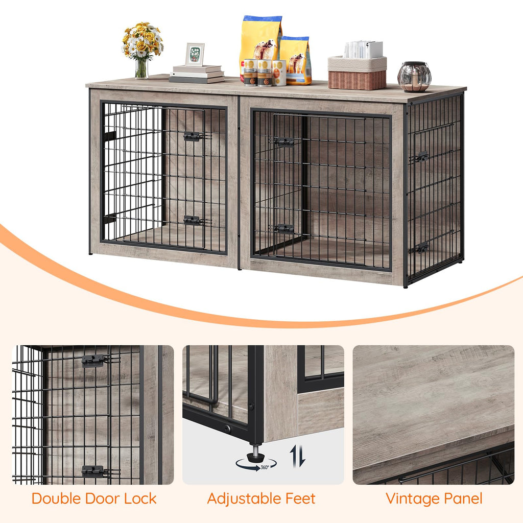 HOOBRO Dog Crate Furniture for 2 Dogs, 63" Large Double Dog Crate Furniture with Divider, Wooden Indoor Kennel TV Stand for Medium Large Dogs, Rustic Brown BF55GW03