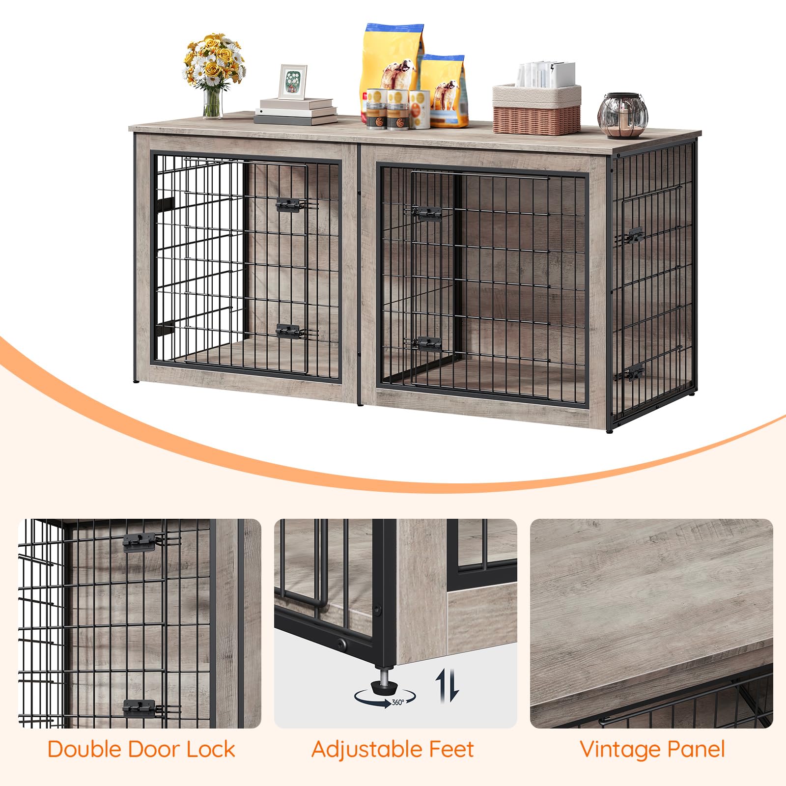 HOOBRO Dog Crate Furniture for 2 Dogs, 63" Large Double Dog Crate Furniture with Divider, Wooden Indoor Kennel TV Stand for Medium Large Dogs, Rustic Brown BF55GW03