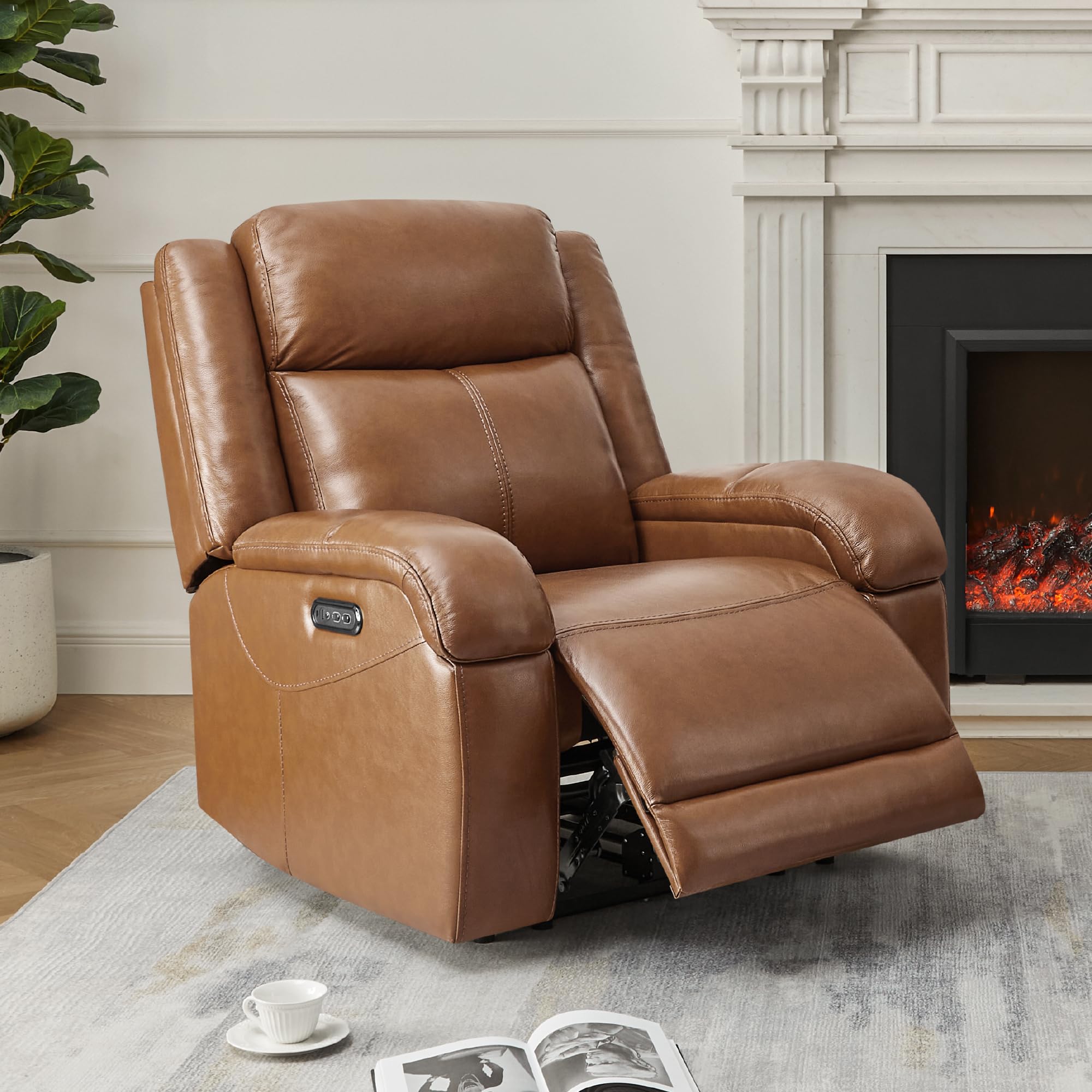 Watson & Whitely Genuine Leather Power Recliner Chairs for Adults, Wall Hugger RV Recliner with Power Headrest & Charging Ports, Electric Recliner Sofa Chair for Living Room, Black
