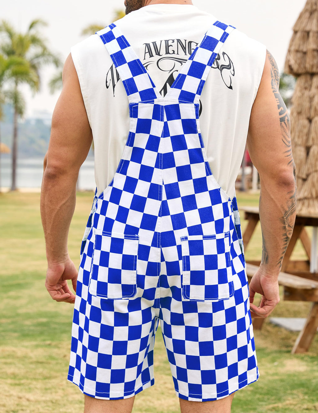 Odefou Checkered Bib Overalls for Men Jumpsuit Shorts Work Coveralls