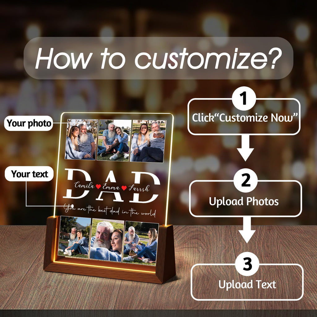 Personalized Fathers Day Birthday Gifts For Daddy Dad From Daughter Son Wife, Custom Acrylic Plaque Light Up Picture Frame, Customized Dad Gifts For Husband Men Papa Fathers Day Christmas