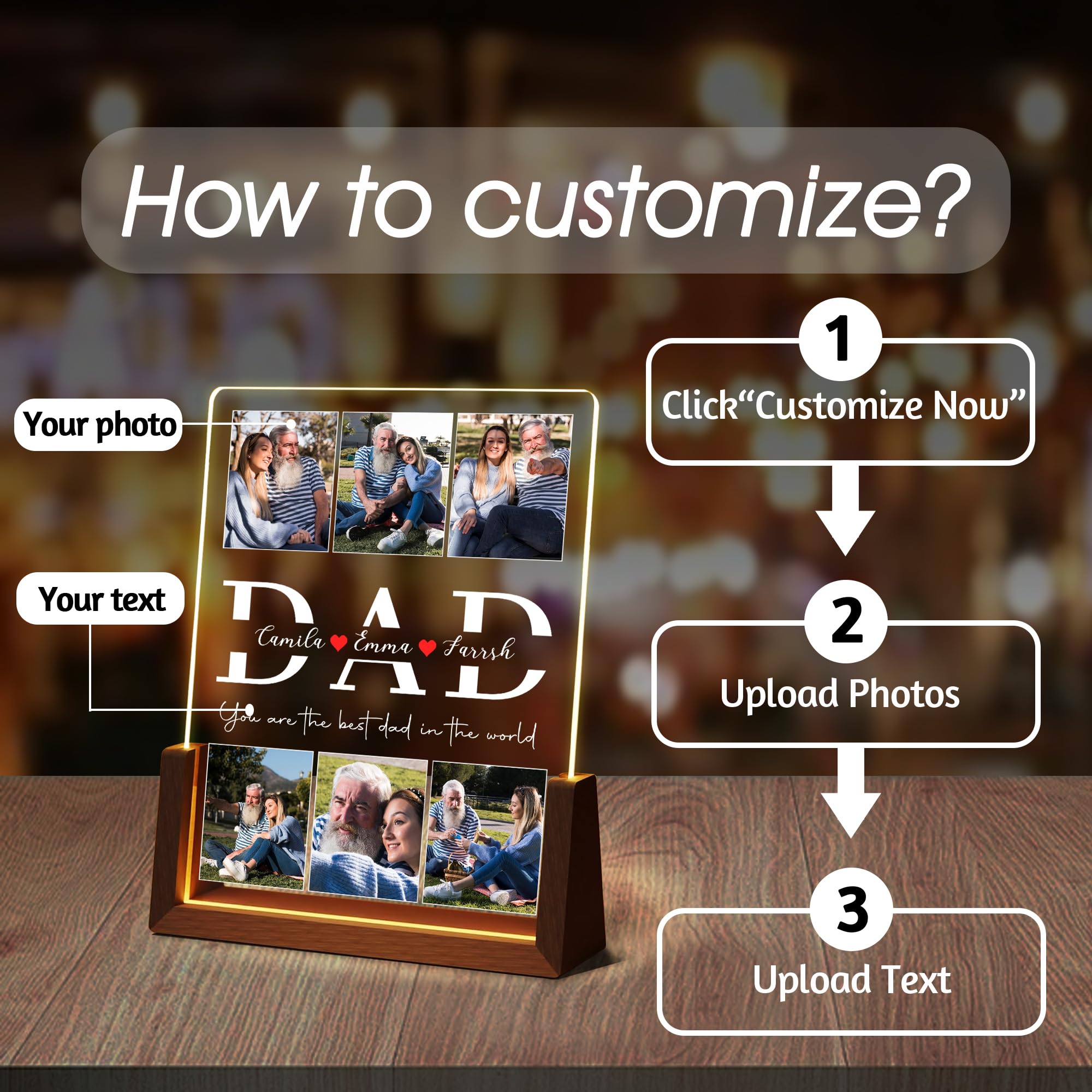 Personalized Fathers Day Birthday Gifts For Daddy Dad From Daughter Son Wife, Custom Acrylic Plaque Light Up Picture Frame, Customized Dad Gifts For Husband Men Papa Fathers Day Christmas