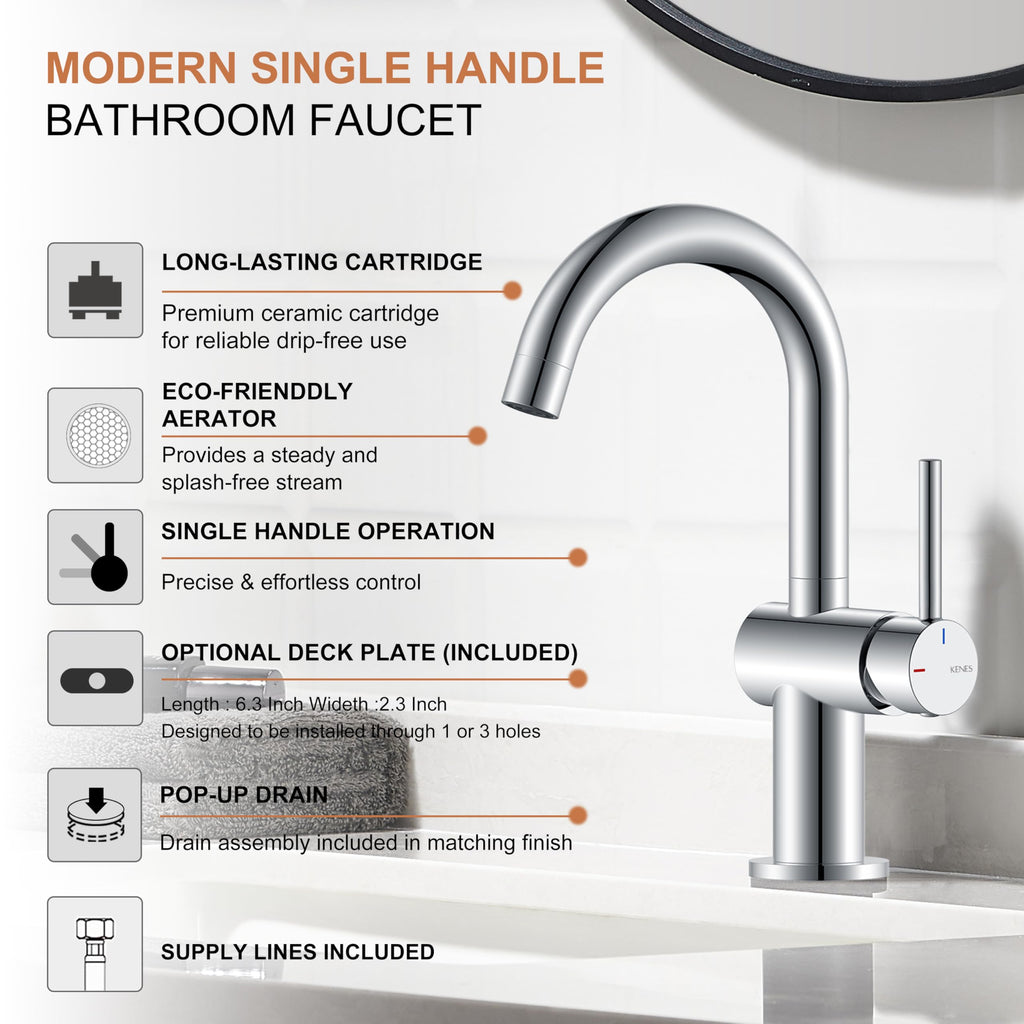 KENES Black and Gold Single Handle Bathroom Sink Faucet, Modern Prep Wet Bar Sink Faucet with Drain Assembly & Deck Plate, Vanity Faucets for Farmhouse RV Camper Utility, KE-9005B-BG