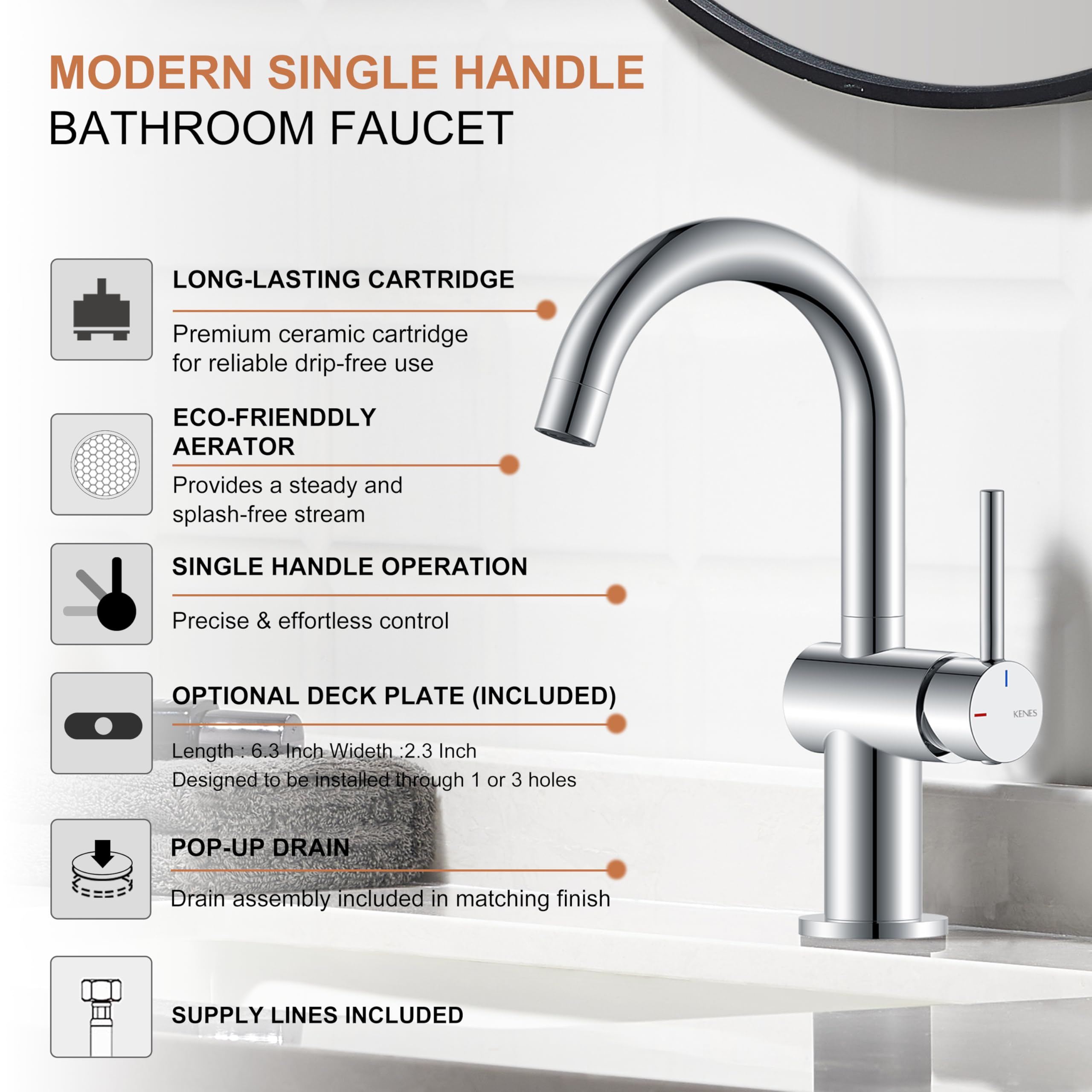 KENES Black and Gold Single Handle Bathroom Sink Faucet, Modern Prep Wet Bar Sink Faucet with Drain Assembly & Deck Plate, Vanity Faucets for Farmhouse RV Camper Utility, KE-9005B-BG