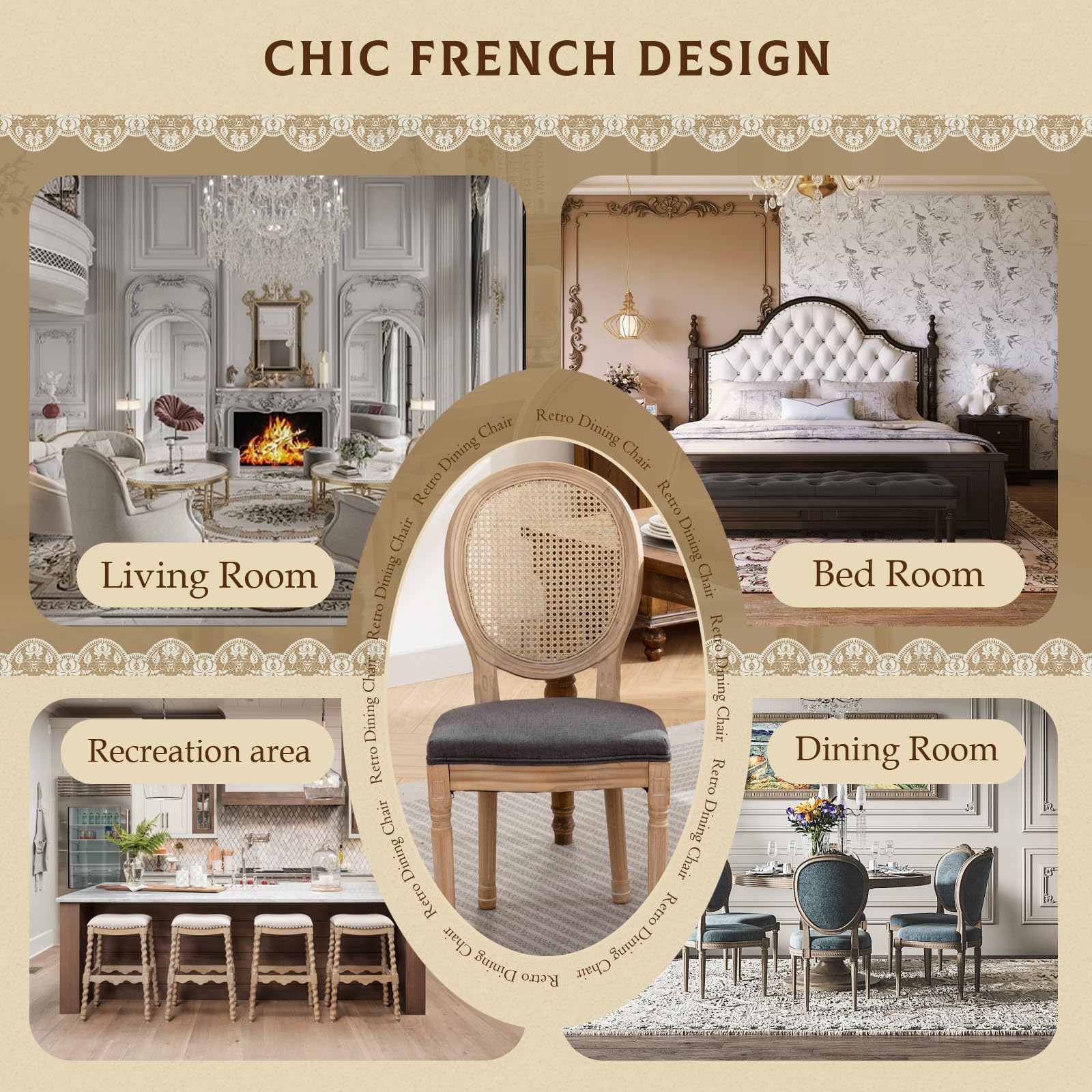 SoarFlash Linen French Dining Chairs Set of 2, Vantage Dining Chair with Round Back, Wood Leg Farmhouse Country Dining Chair for Living Room,Kitchen,Bedroom,Beige