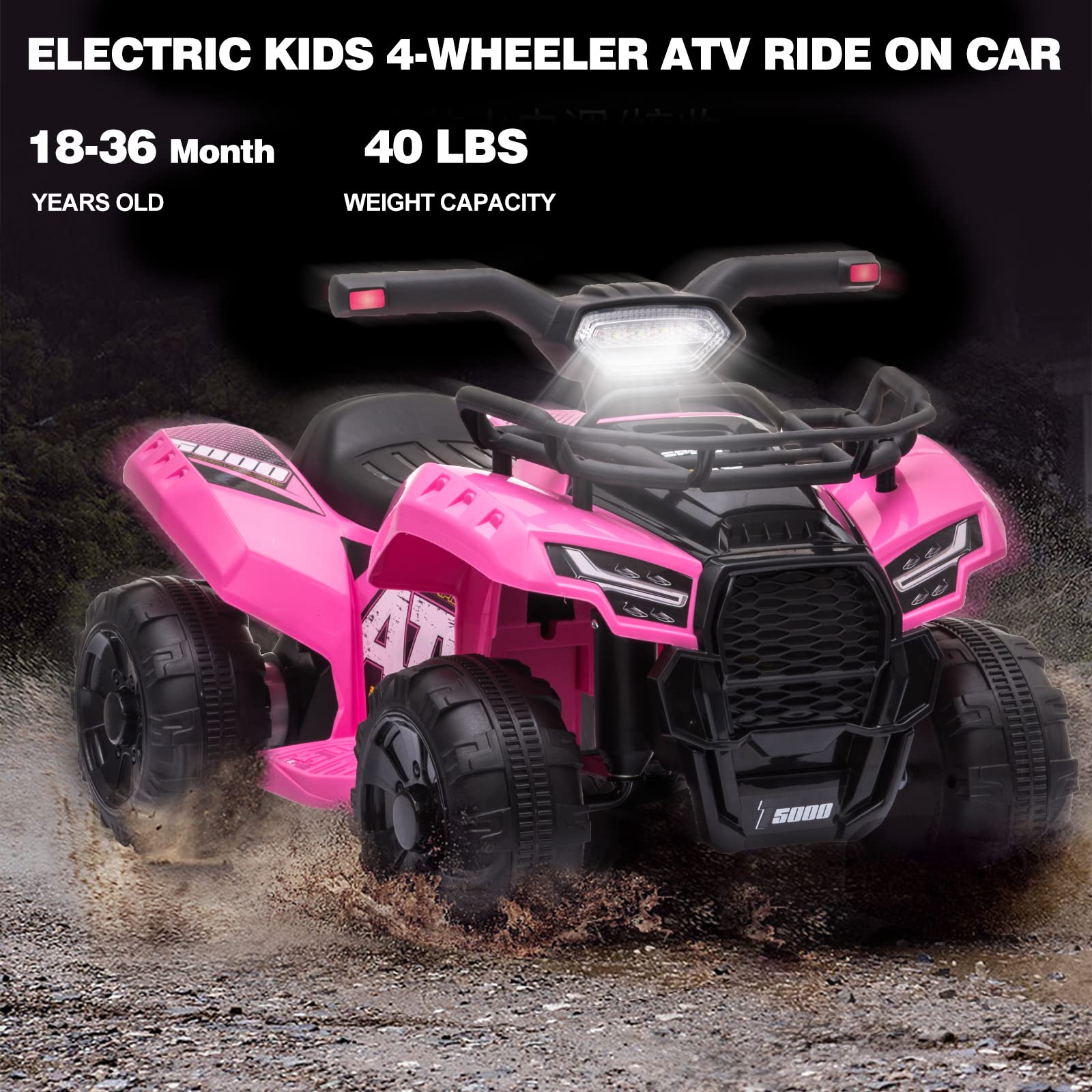 Kids Ride on ATV, 6V Battery Powered Kids Electric Vehicle, 4 Wheeler Quad w/Headlights, MP3, USB, Volume Control, Large Seat, Electric Ride on Toys Best Gifts for 18-36 Months Boys Girls (Black)