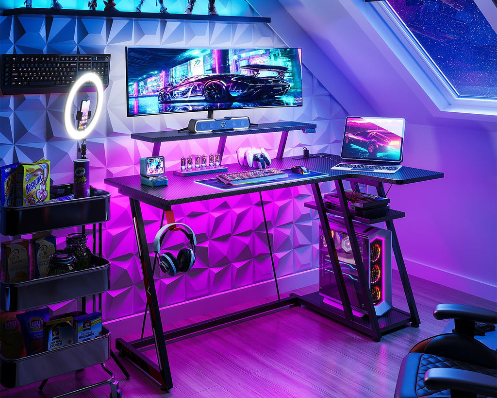 MOTPK Gaming Desk with LED Lights & Power Outlets, 47 Inch L Shaped Computer Desk with Storage Shelf, & Monitor Stand, PC Gaming Table with Carbon Fiber Texture, Black