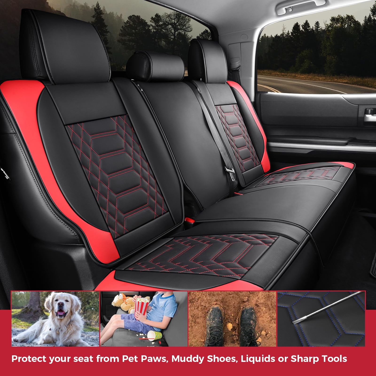 FREESOO Tundra Seat Covers 2007-2013, Fit for Toyota Tundra Crewmax Cab 5 Seats, Custom Truck Seat Covers with Waterproof Faux Leather Black