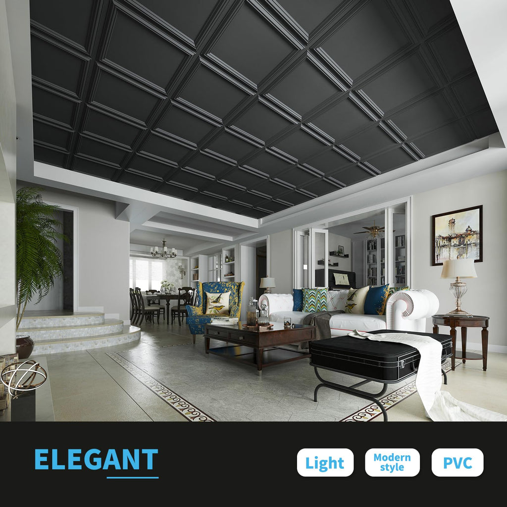 Art3d Drop Ceiling Tiles 24x24in. (12-Pack, 48 Sq.ft), Wainscoting Panels Glue Up 2ft x 2ft for Interior Décor in Living Room, Bedroom & Office, Star Black