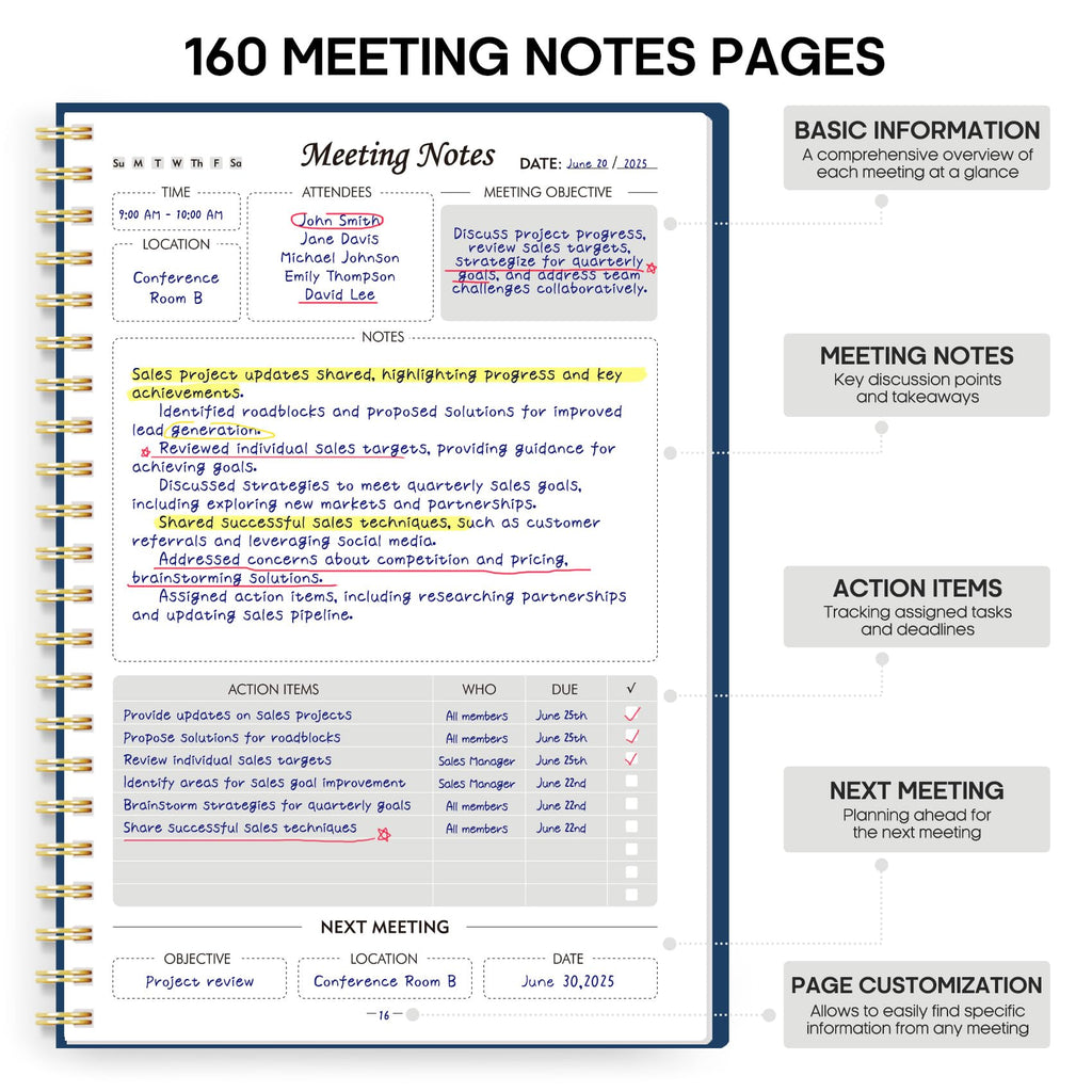 Meeting Notebook for Work Organization - Work Planner Notebook with Action Items, Agenda Planner for Note Taking, 160 Pages (6.9" X 9.9") Project Organizer for Men & Women - Pink