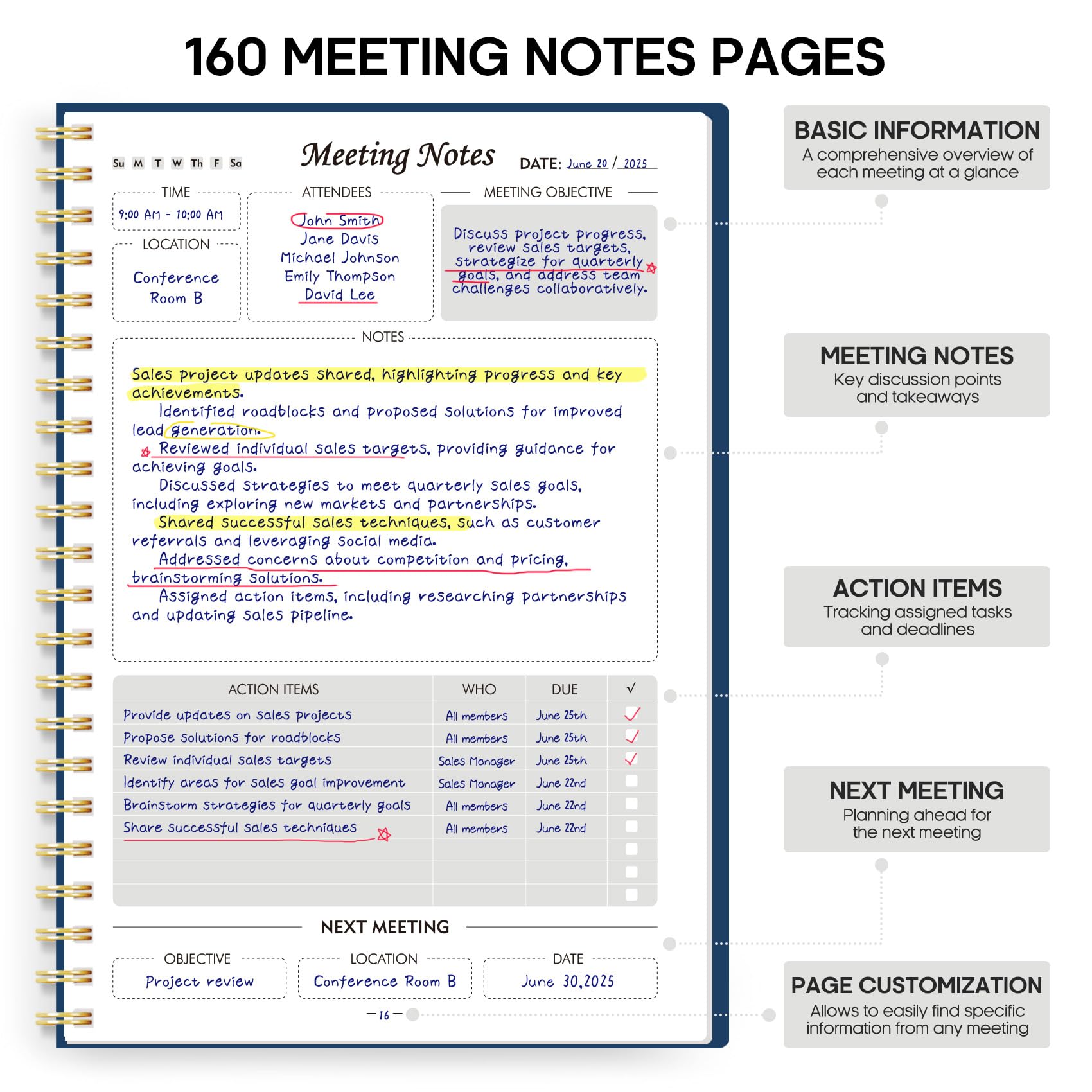 Meeting Notebook for Work Organization - Work Planner Notebook with Action Items, Agenda Planner for Note Taking, 160 Pages (6.9" X 9.9") Project Organizer for Men & Women - Pink