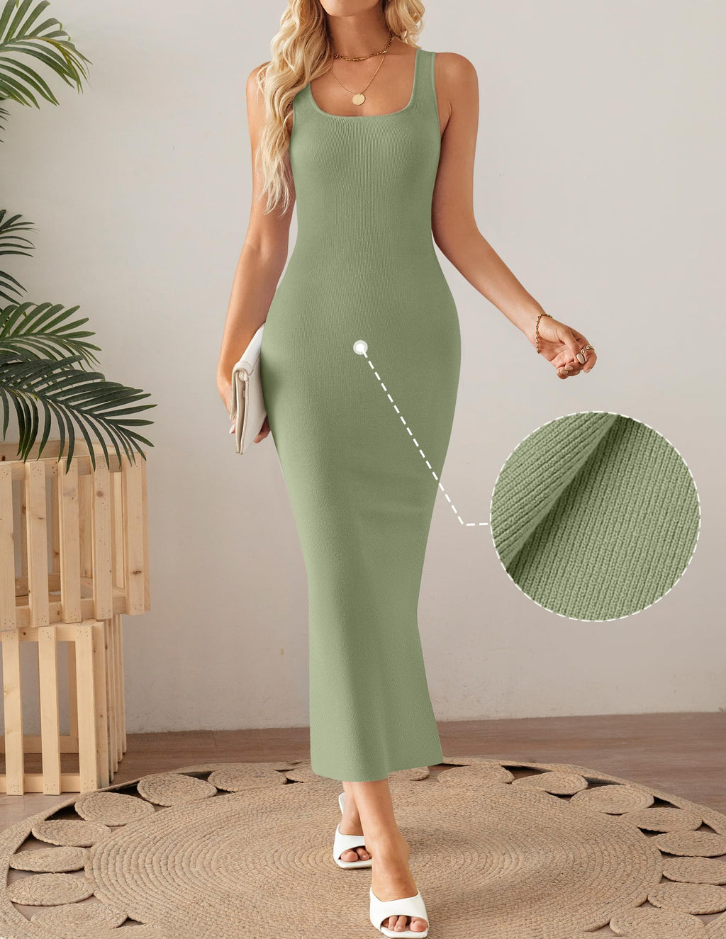ZESICA Womens 2026 Summer Sleeveless Knit Bodycon Midi Dresses Square Neck Side Slit Beach Vacation Long Sweater Dress