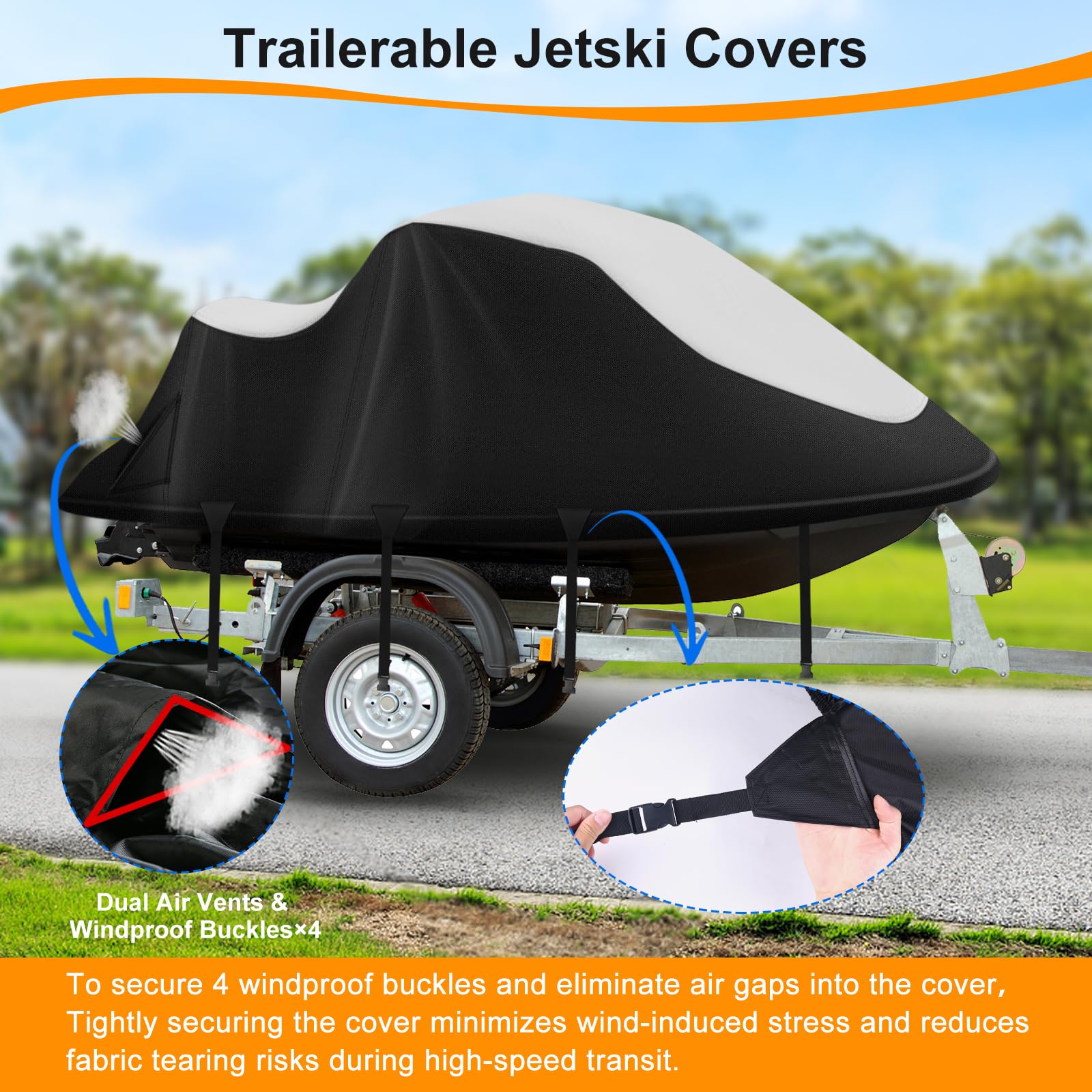 Jet Ski Cover,Heavy Duty 900D Oxford Jetski Cover 2 3 Seater with 2 Air Vents，4 Windproof Buckles，Easy On，Jetski Cover Waterproof for Seadoo Spark,Yamaha,All Weather Protection(Black, XL:115"-120")